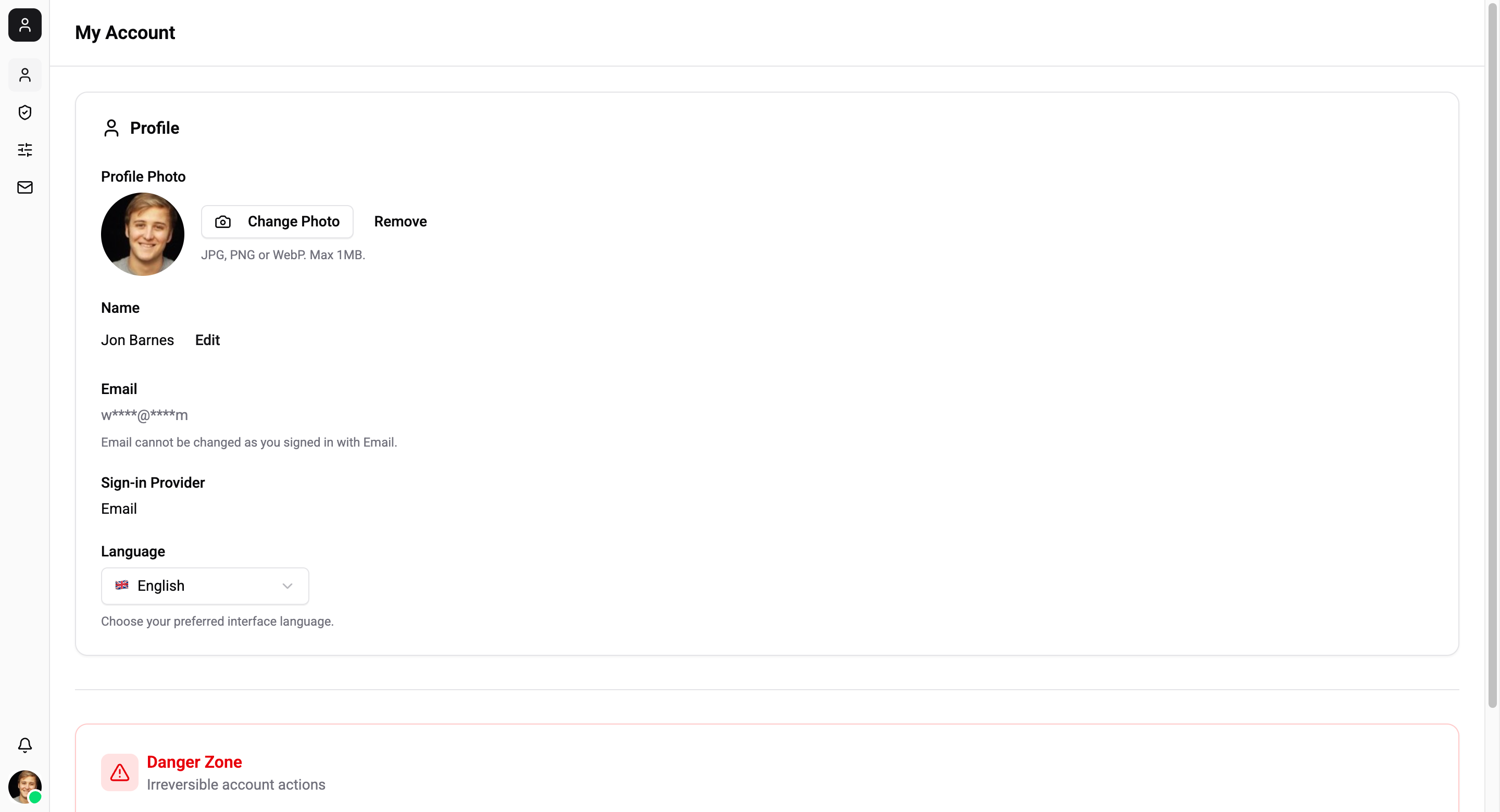 Profile settings page