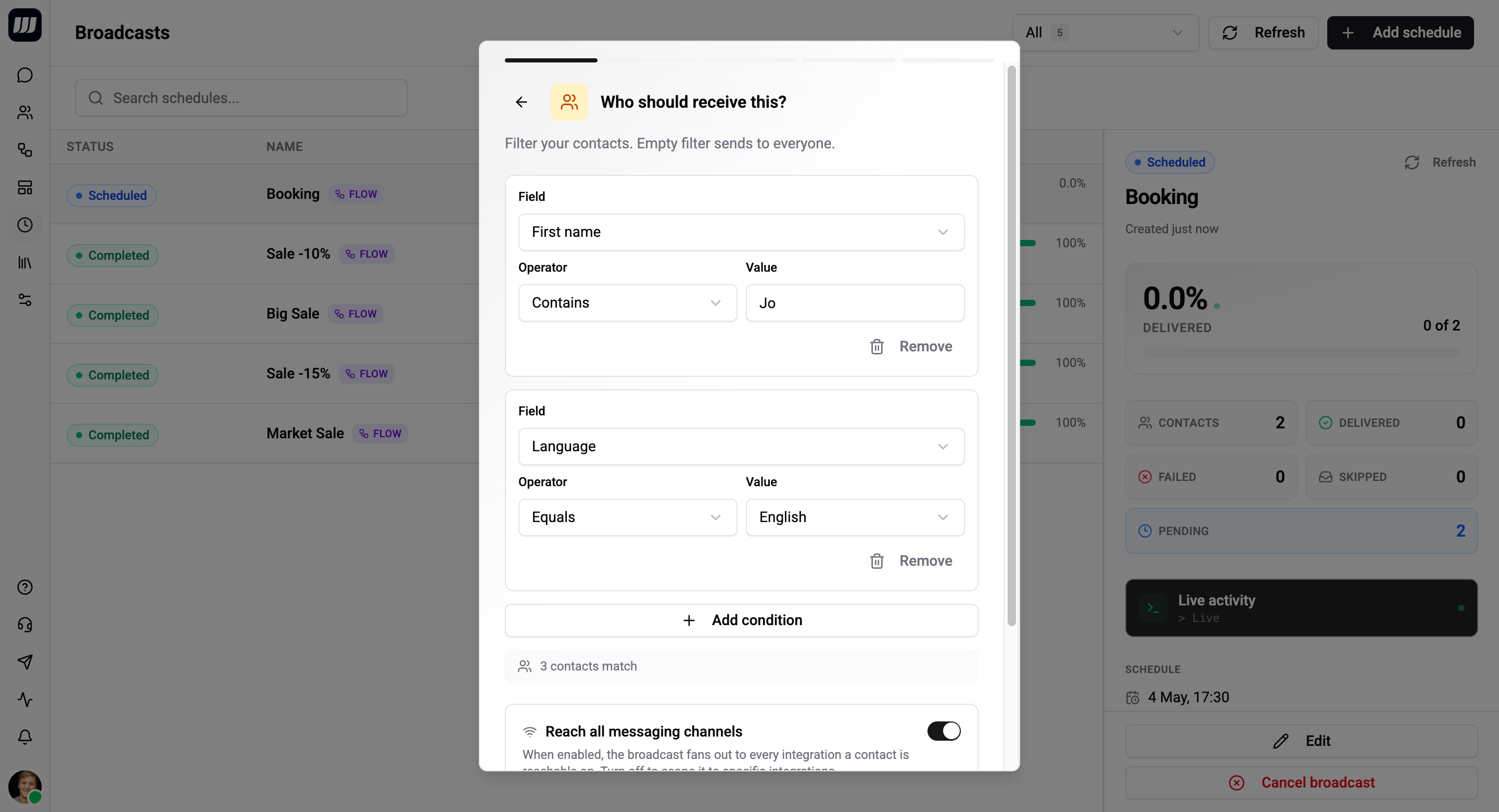 Audience filter editor with multiple conditions and live preview count