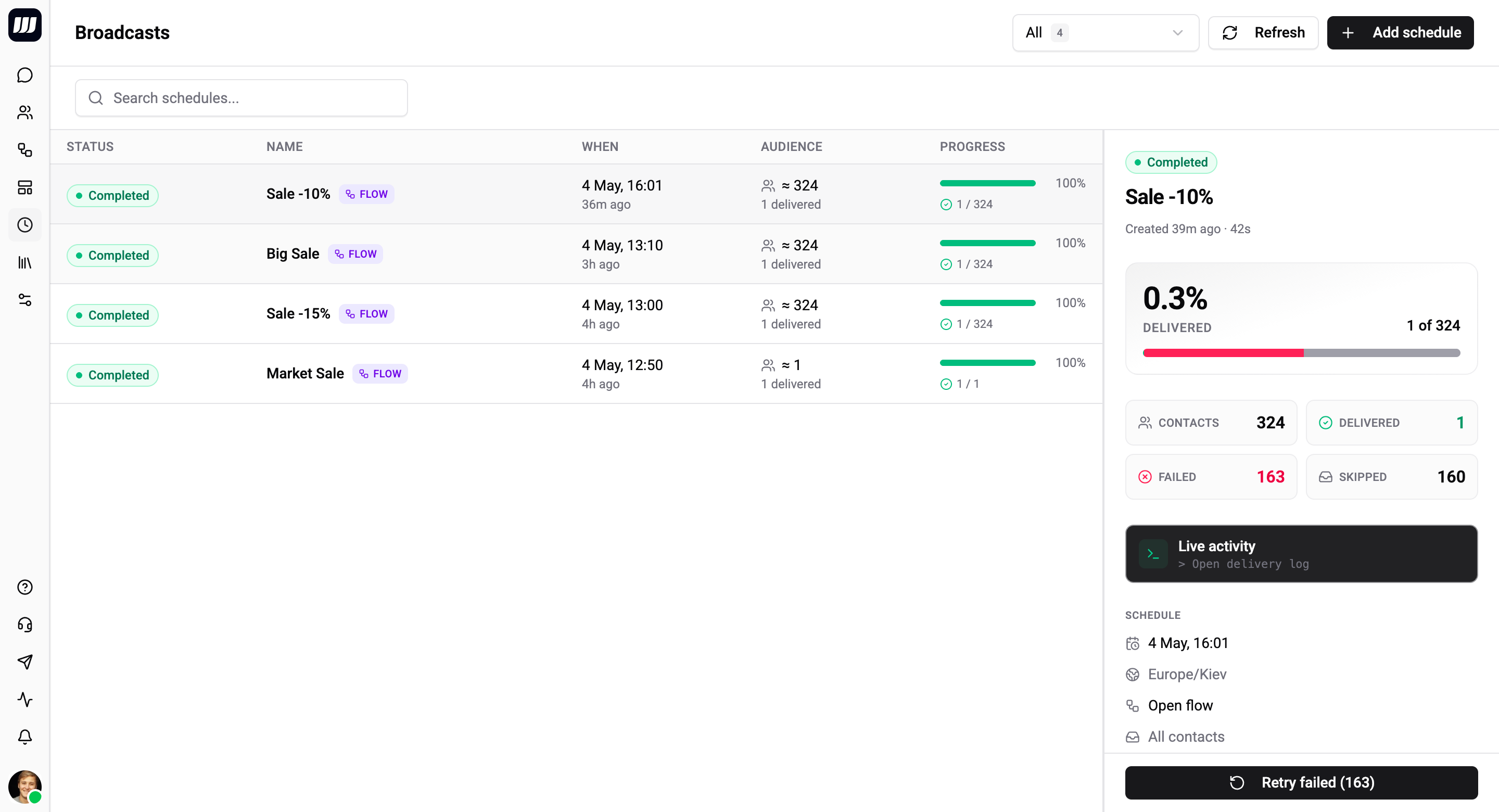 Broadcasts list page with scheduled and completed broadcasts