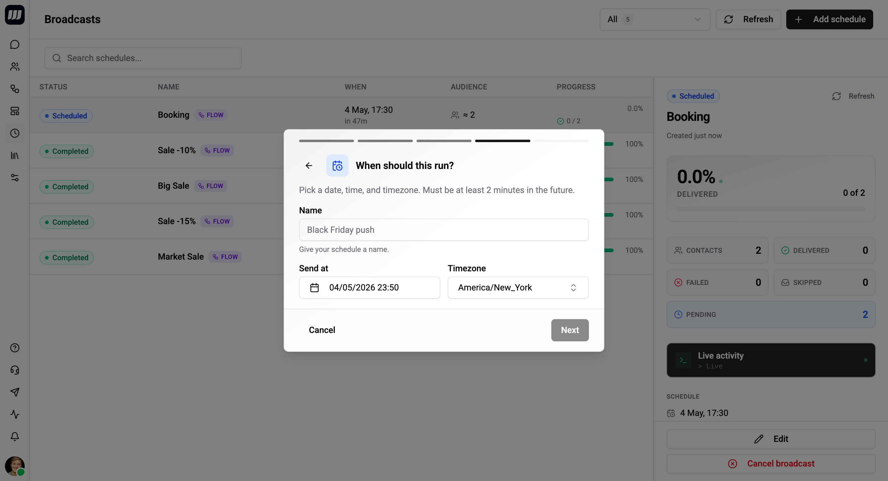 Schedule step - datetime picker plus timezone selector