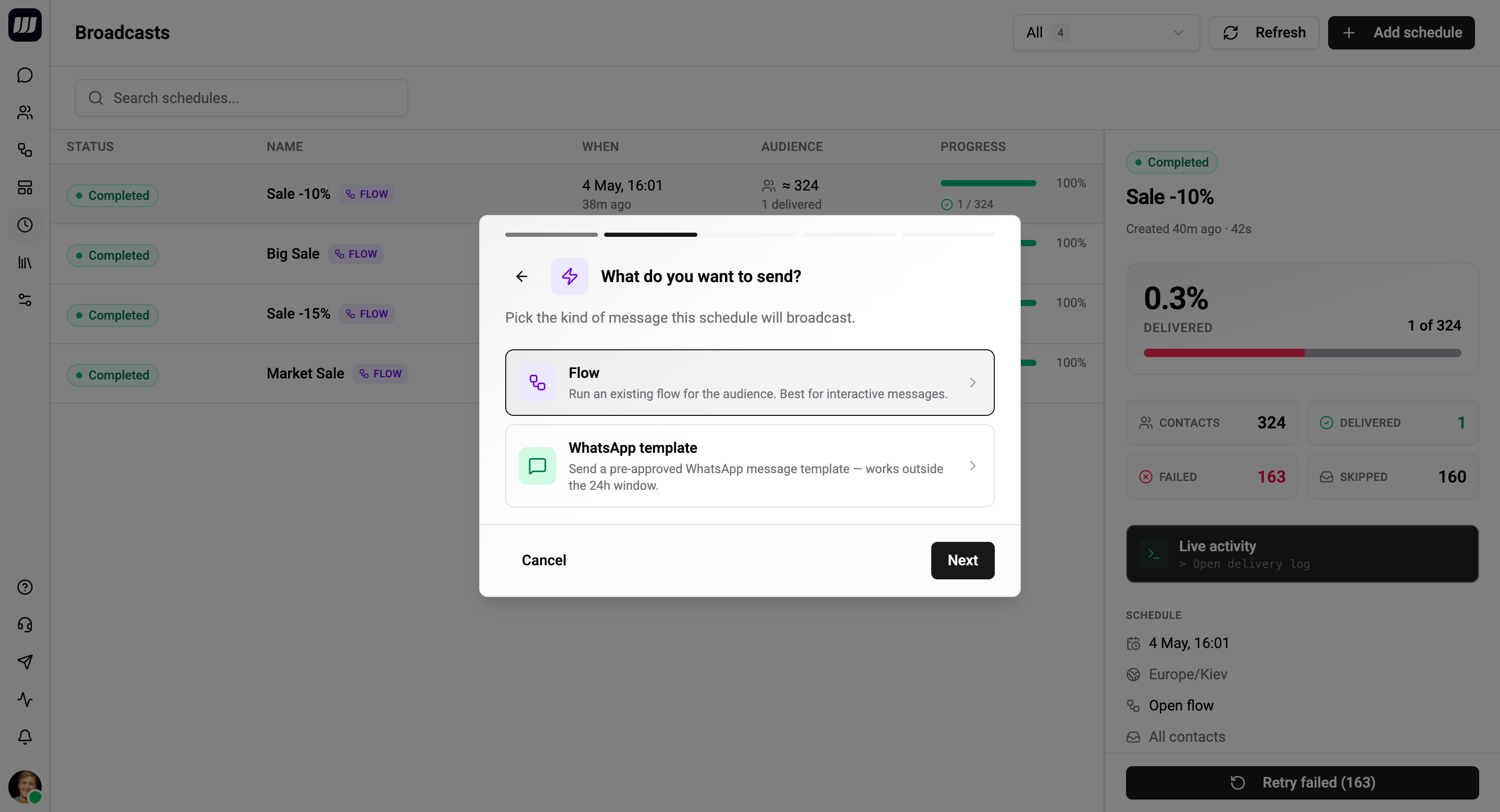 Wizard step 2 - choose between Flow or Template send-kind