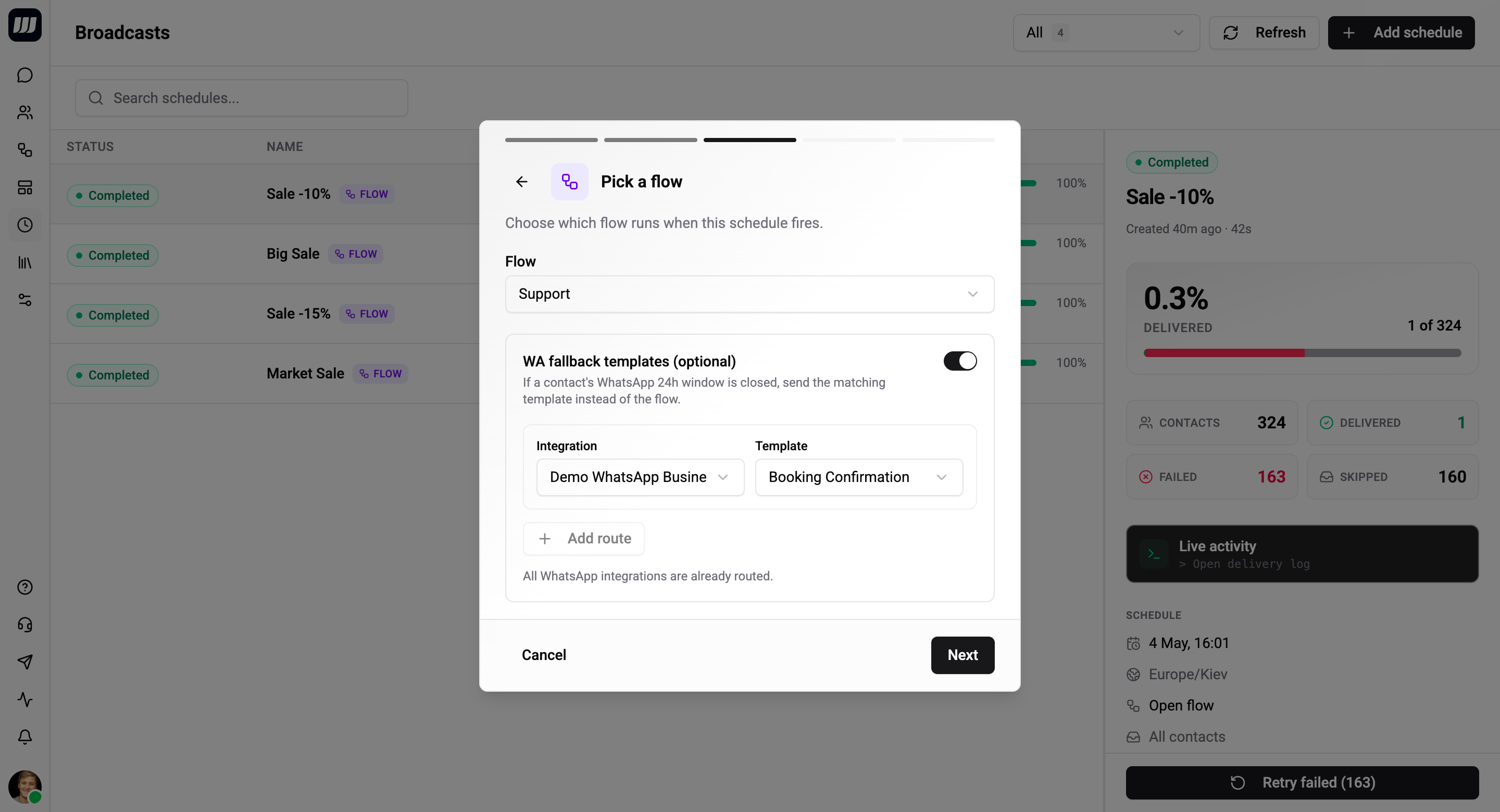 Wizard step 3 - flow or template picker, with optional fallbacks/routes