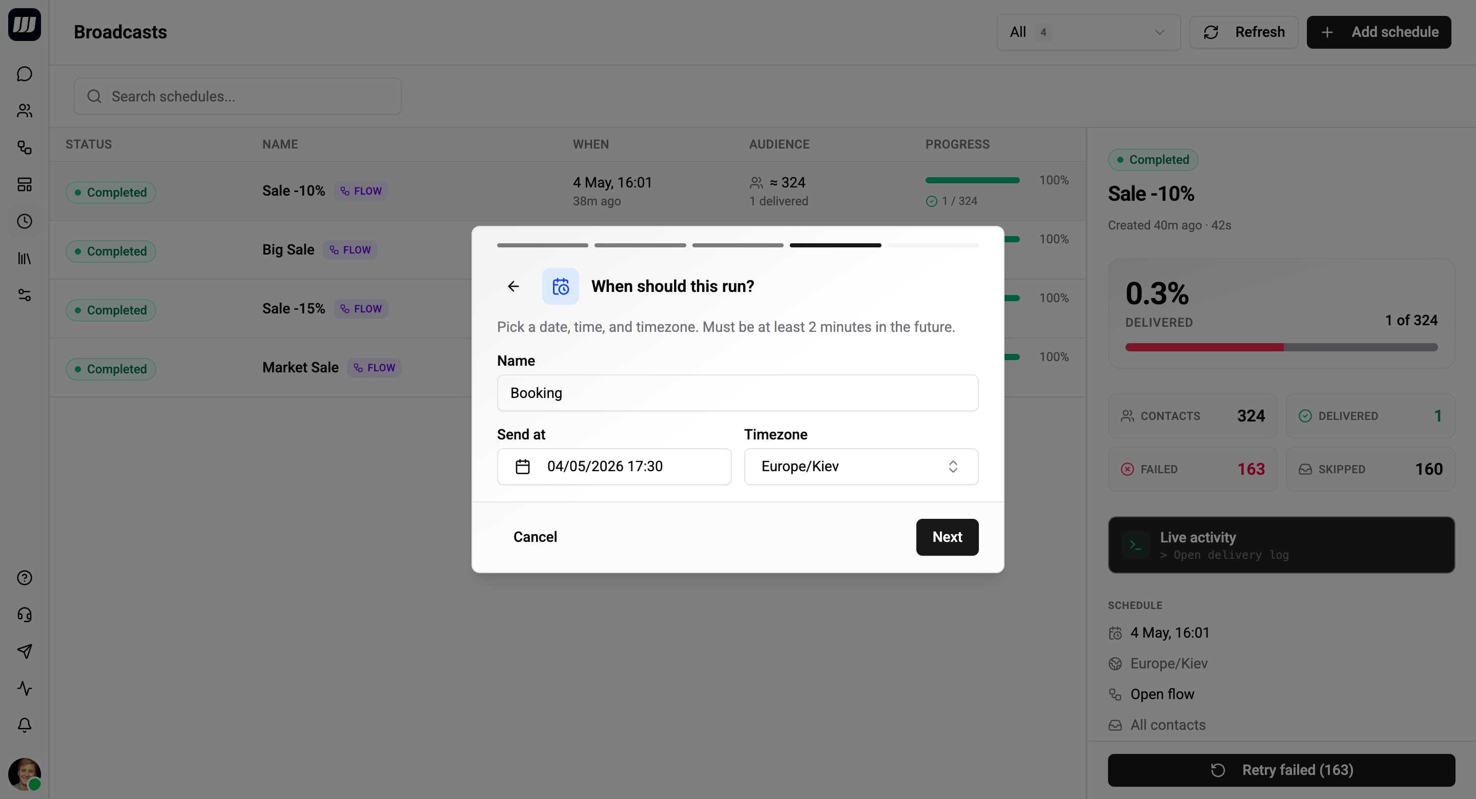 Wizard step 4 - datetime picker plus timezone selector