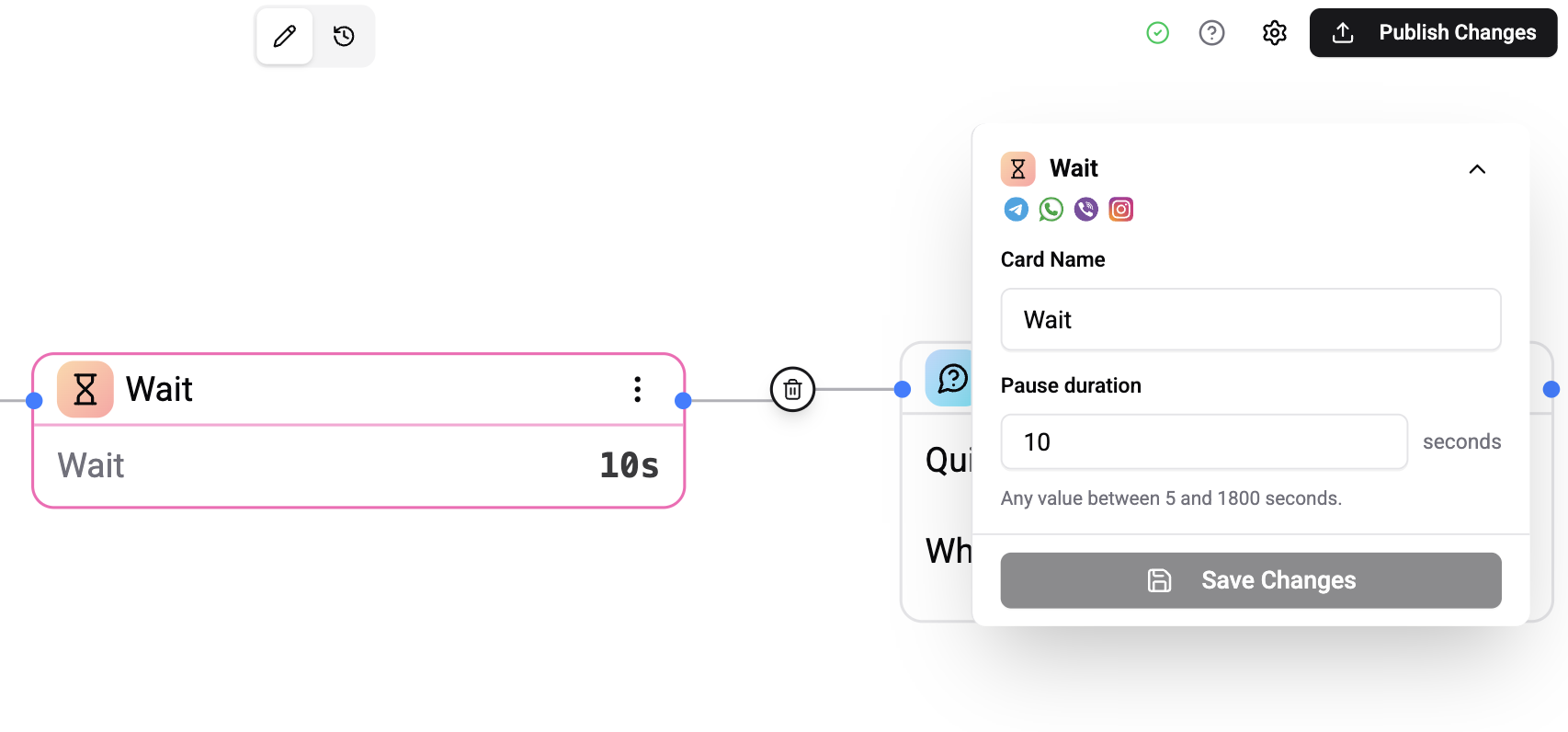 Wait card settings panel with duration presets