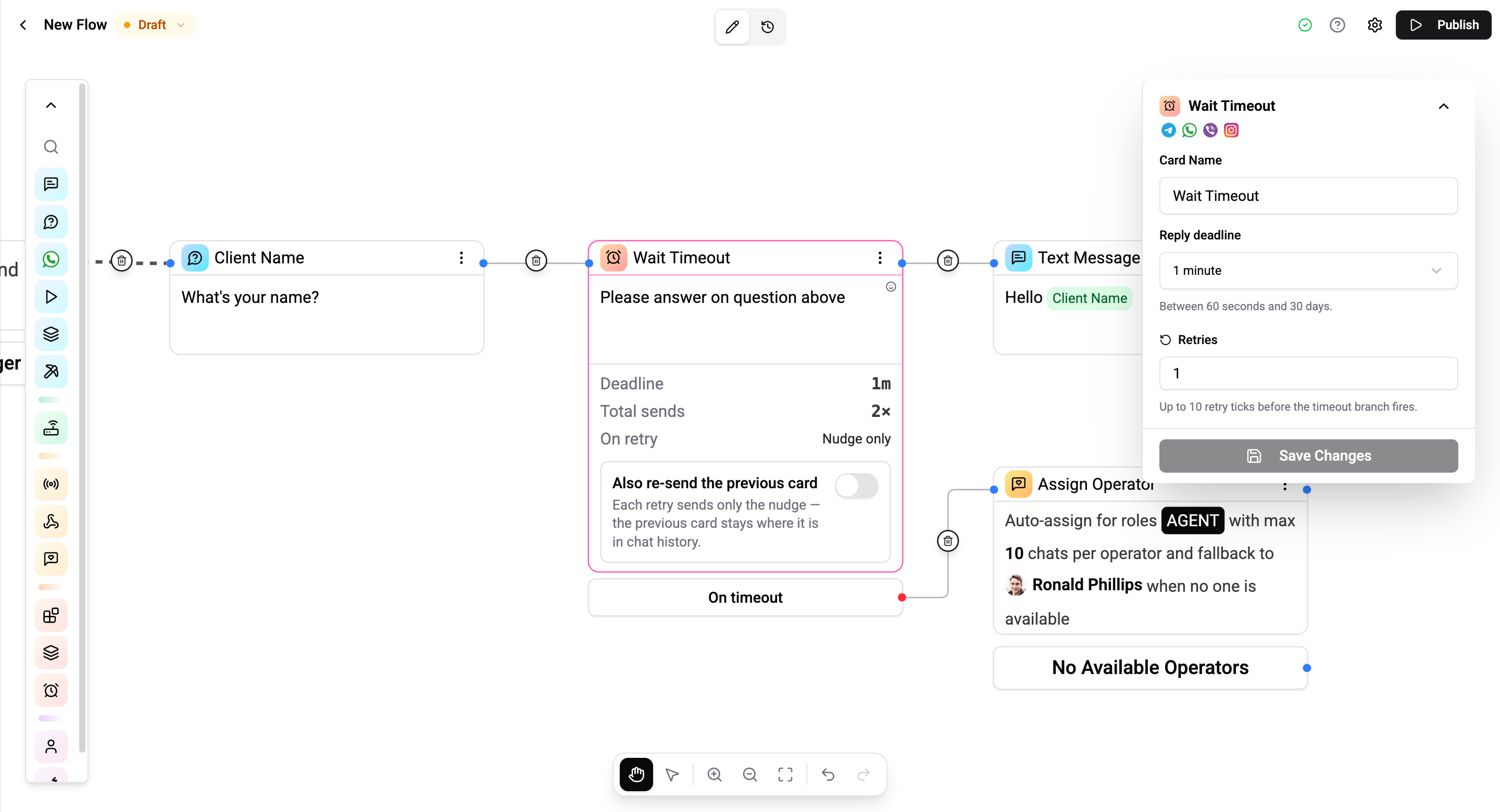Wait Timeout card body - Tiptap nudge editor and stats footer
