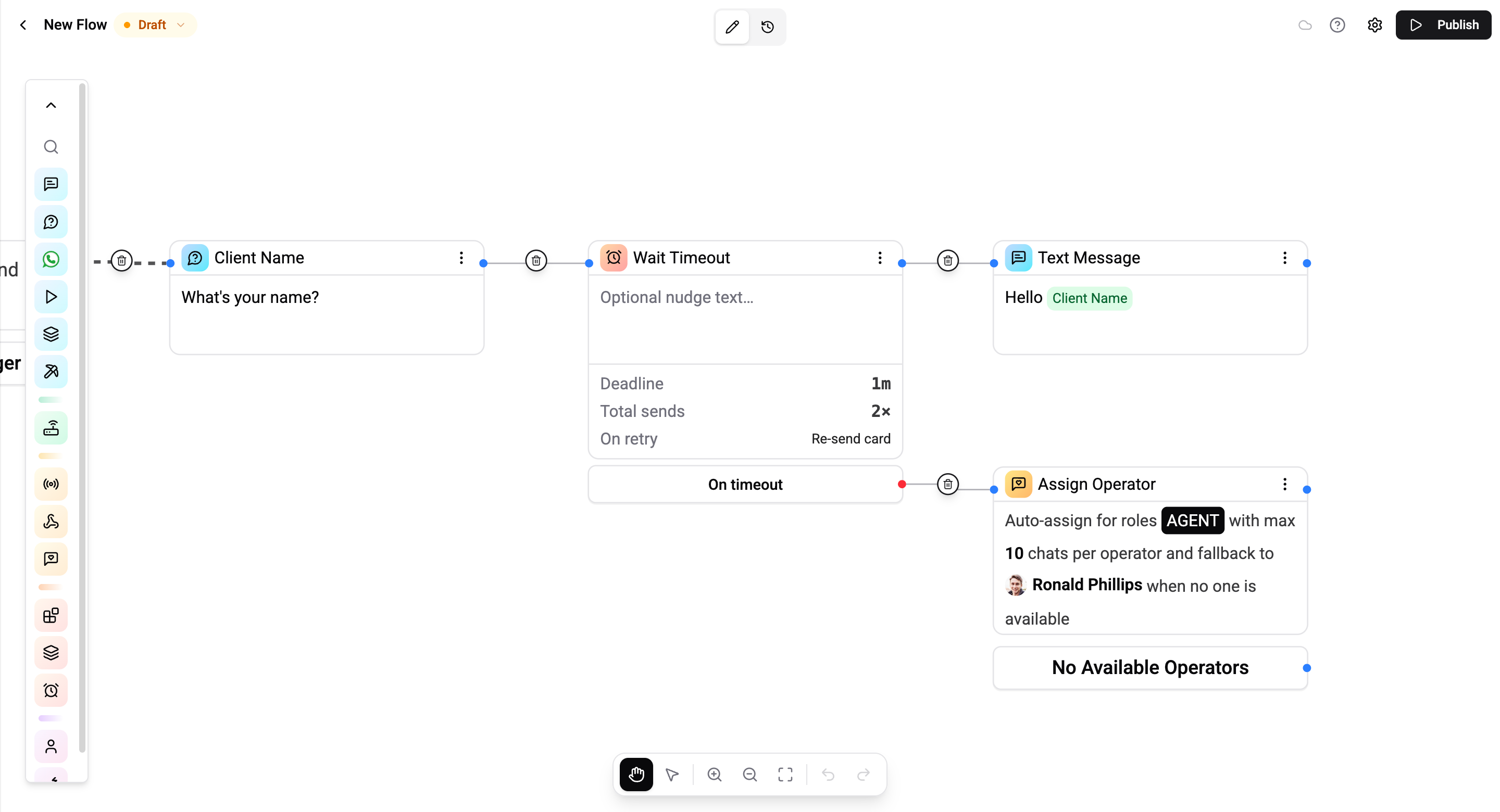 Wait Timeout card on the canvas with deadline, retries, and on-timeout handle