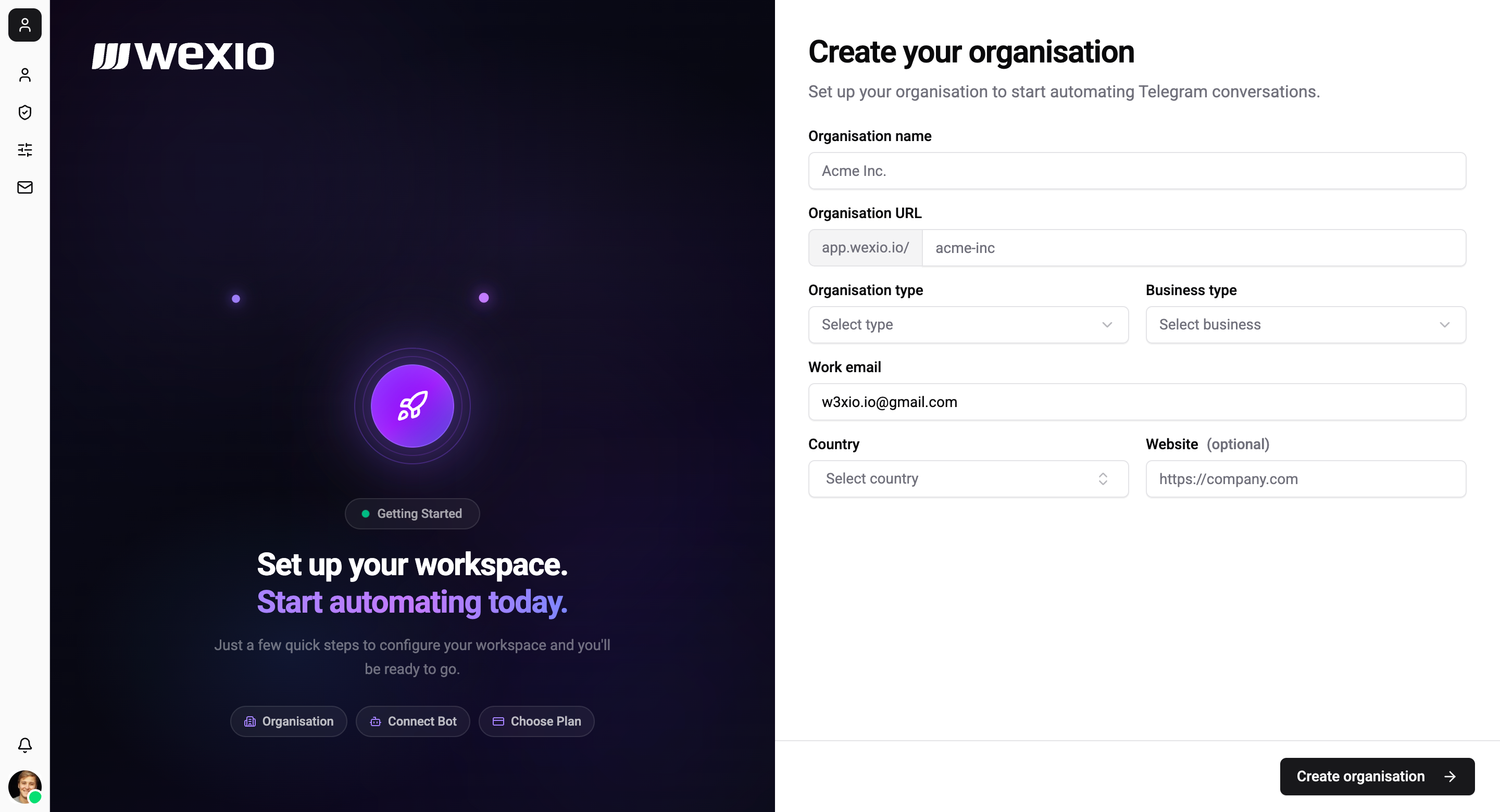 Create organisation form