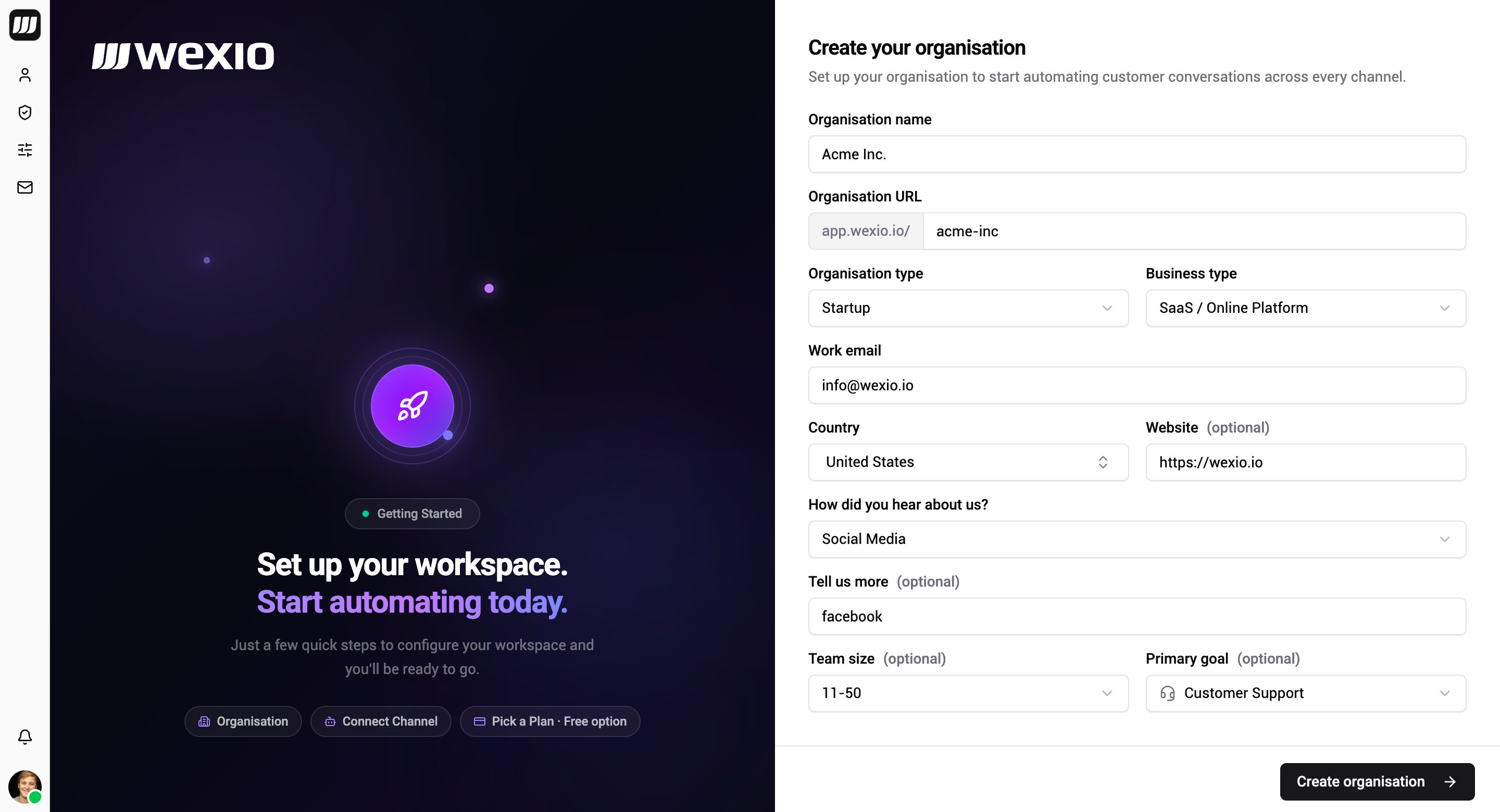 Create organisation form