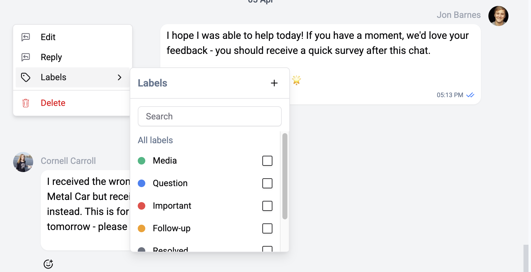Message bubble with actions