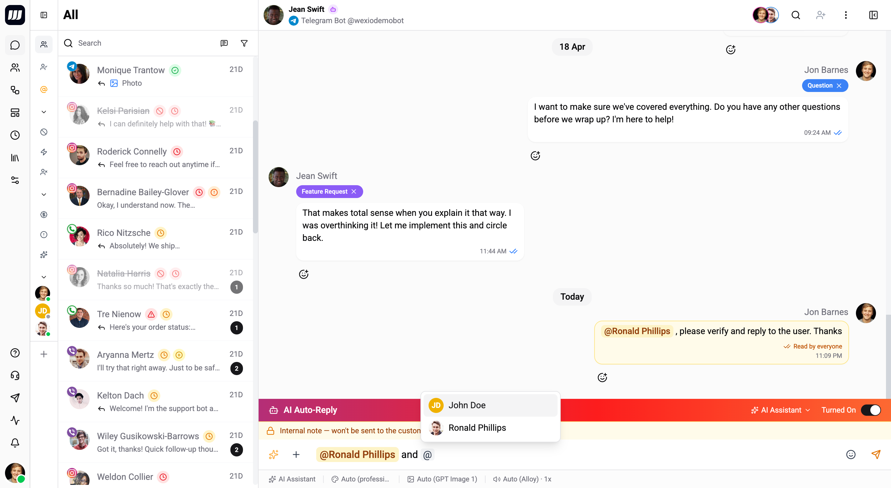 Composer in internal-note mode with amber tint and chip