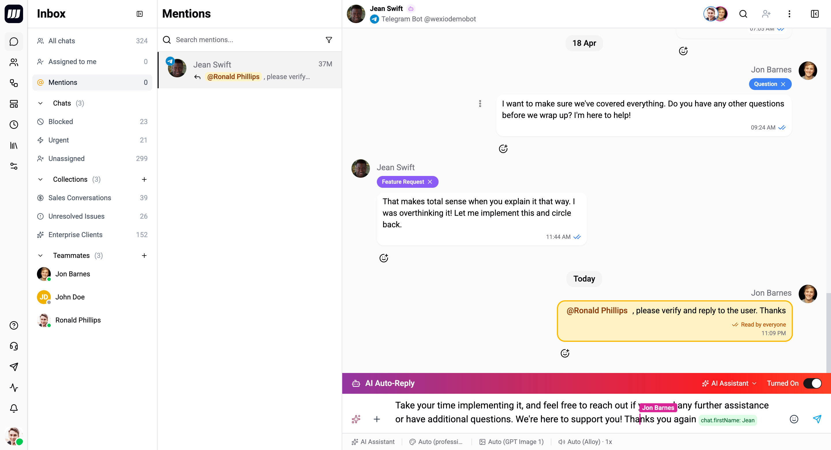 Internal note in a chat thread with @mention chip and yellow tint