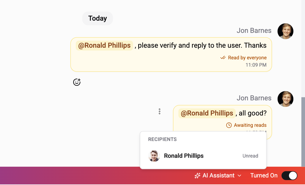 Read by N of M indicator with hover tooltip showing each recipient
