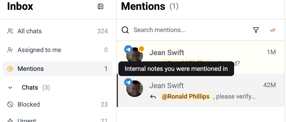 @Mentions sidebar tab with flat list of mention rows