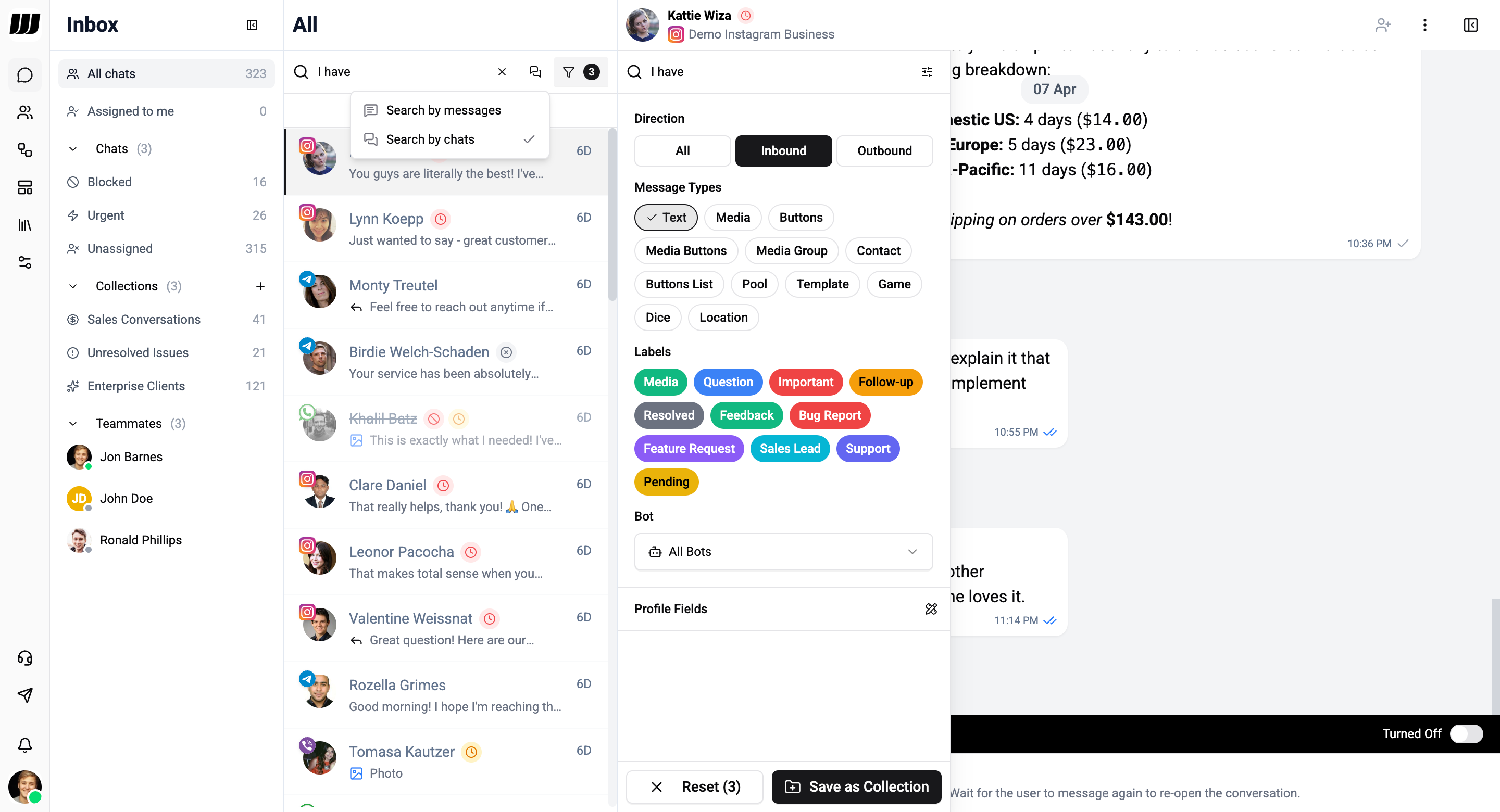 Chat search results