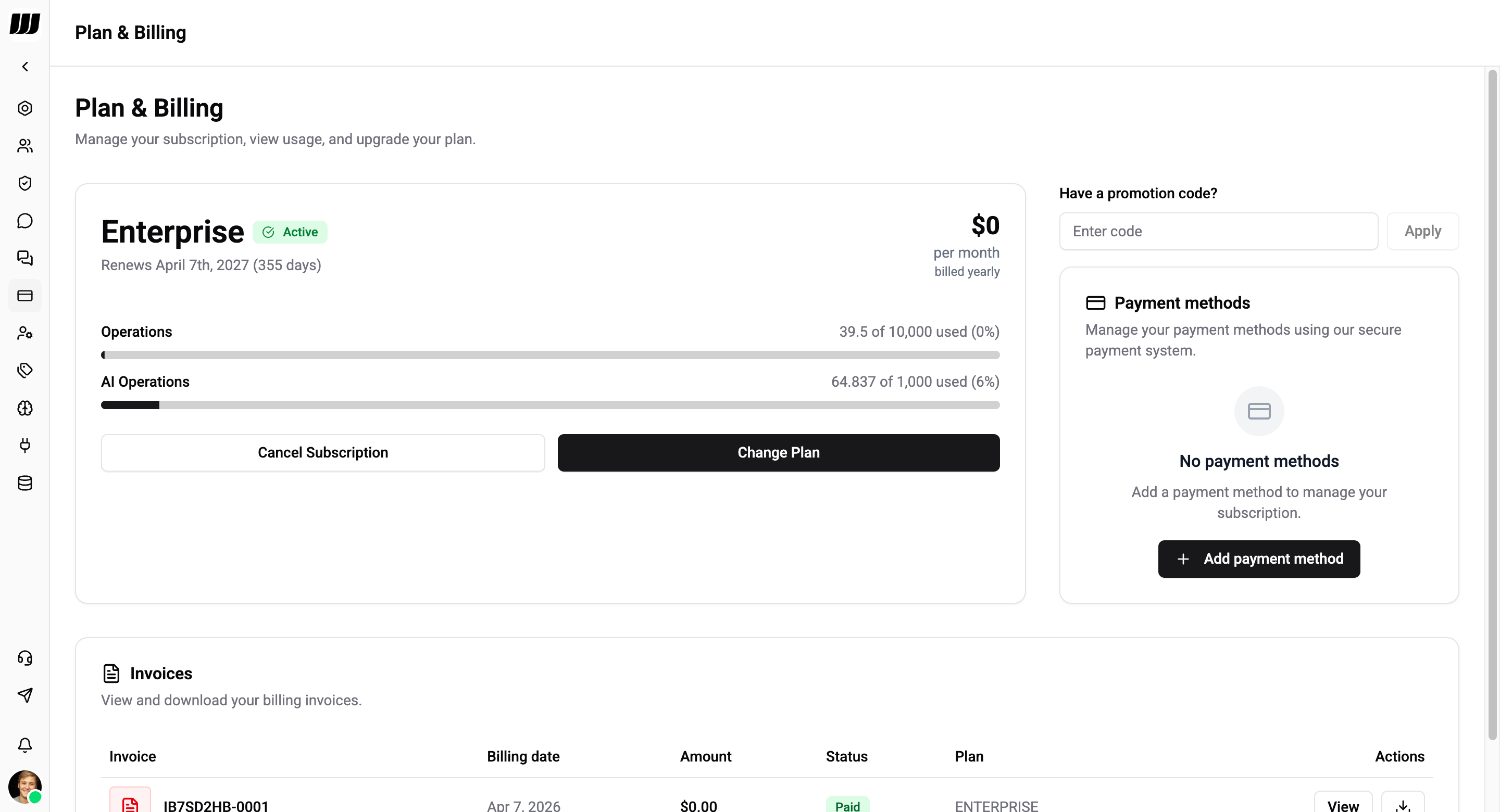 Billing page usage overview