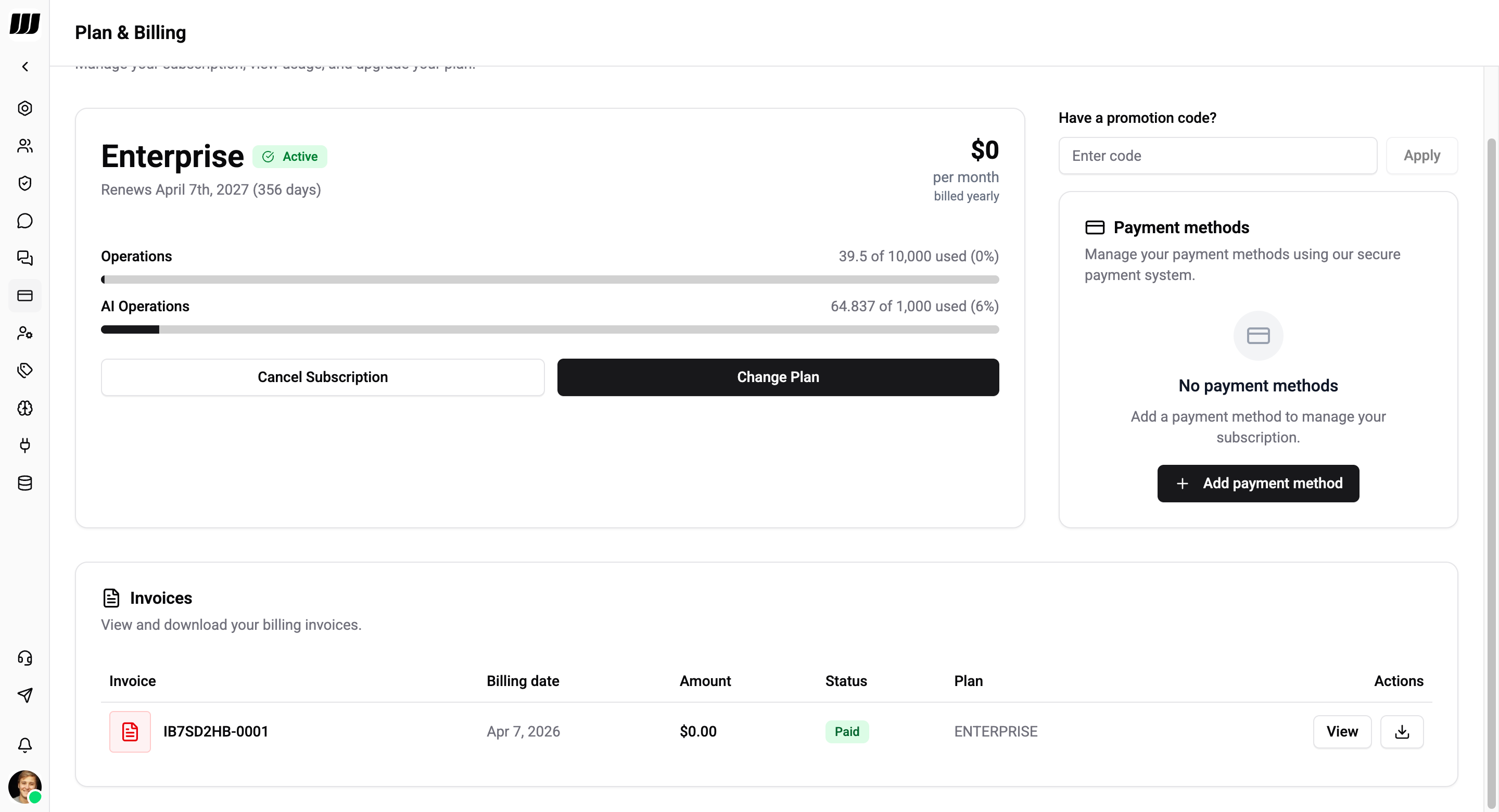 Plan & Billing settings