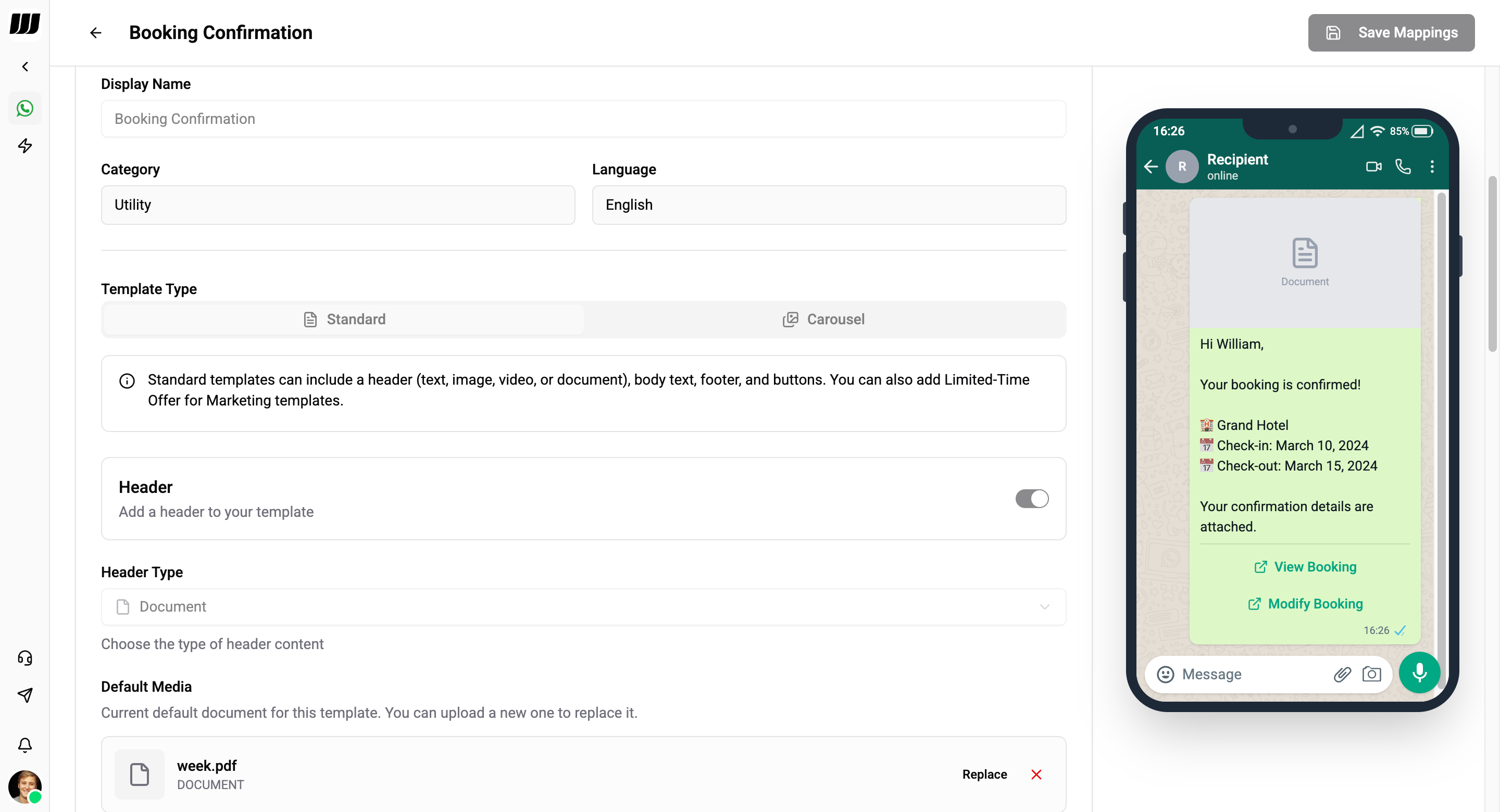 WhatsApp template message builder