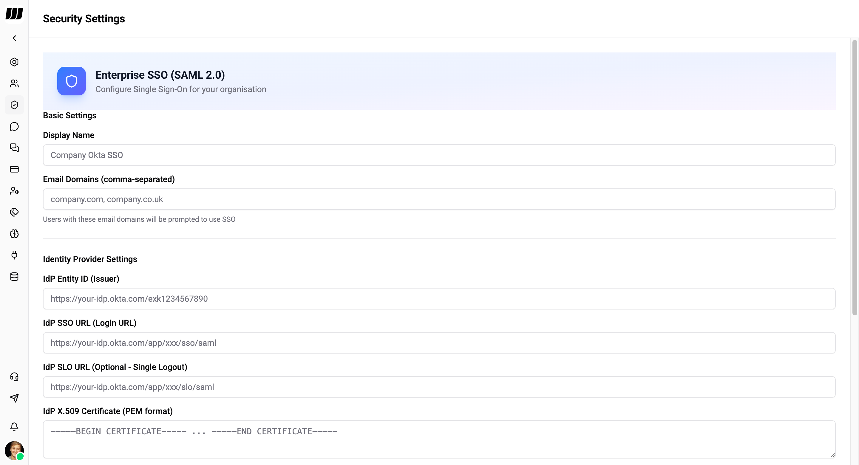 Security settings — Enterprise SSO
