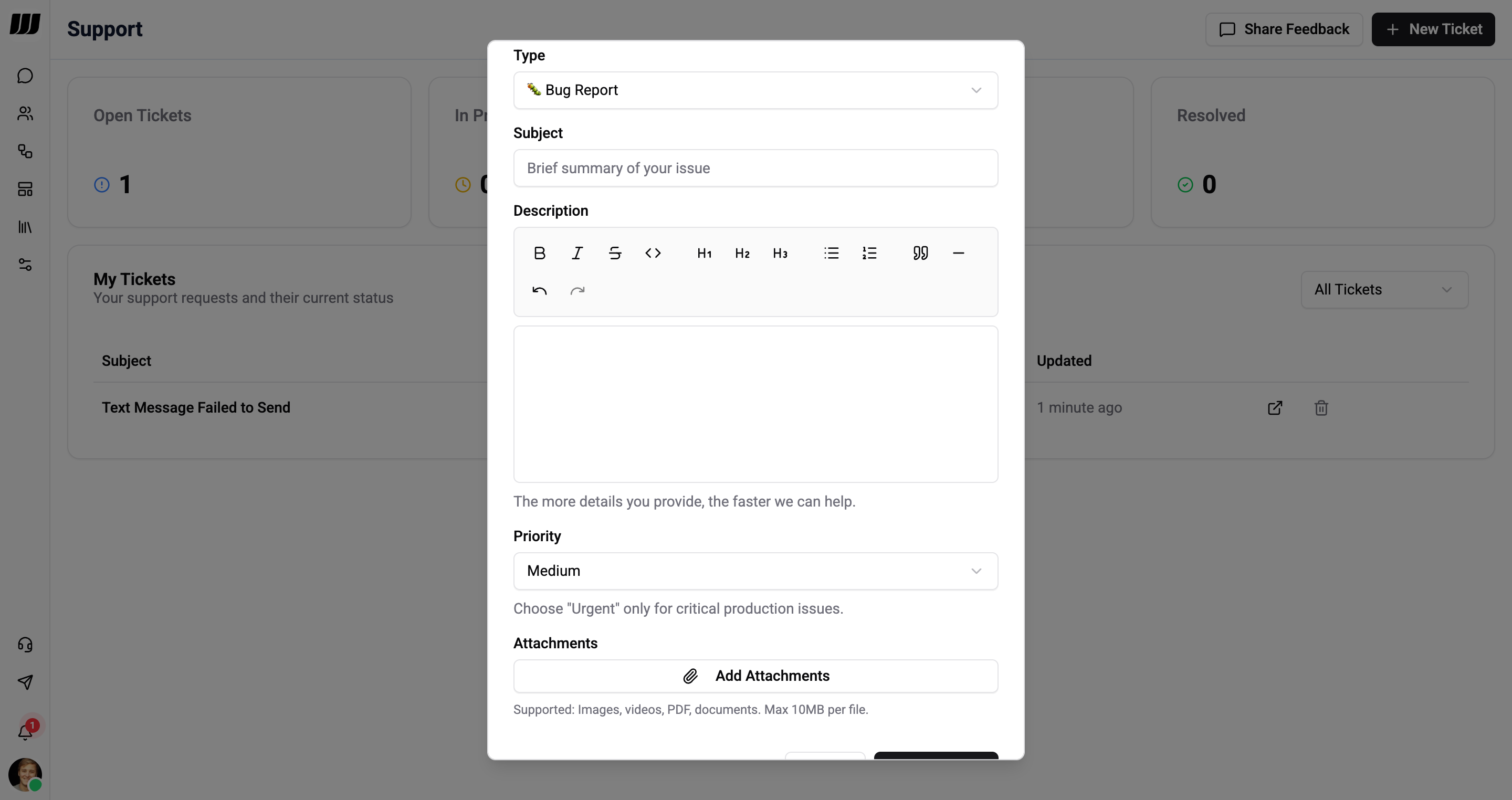 Create a new support ticket form