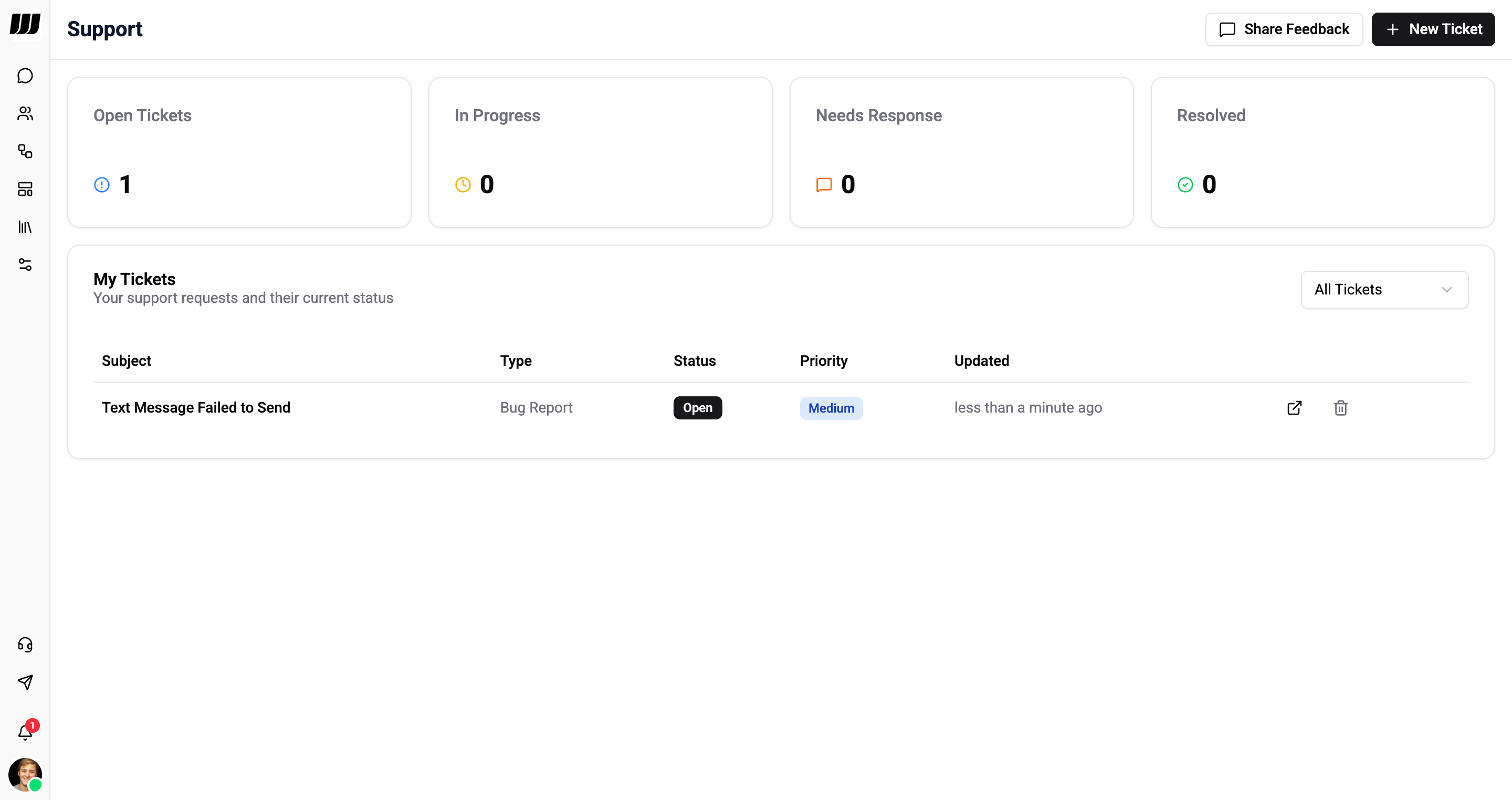 Support ticket list with status counters and ticket table