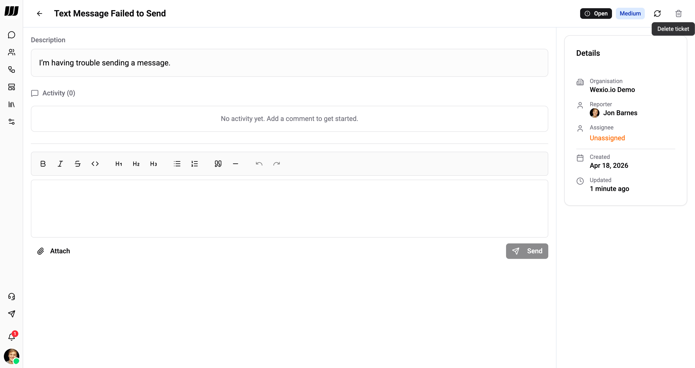 Ticket detail view with description, activity, and details panel