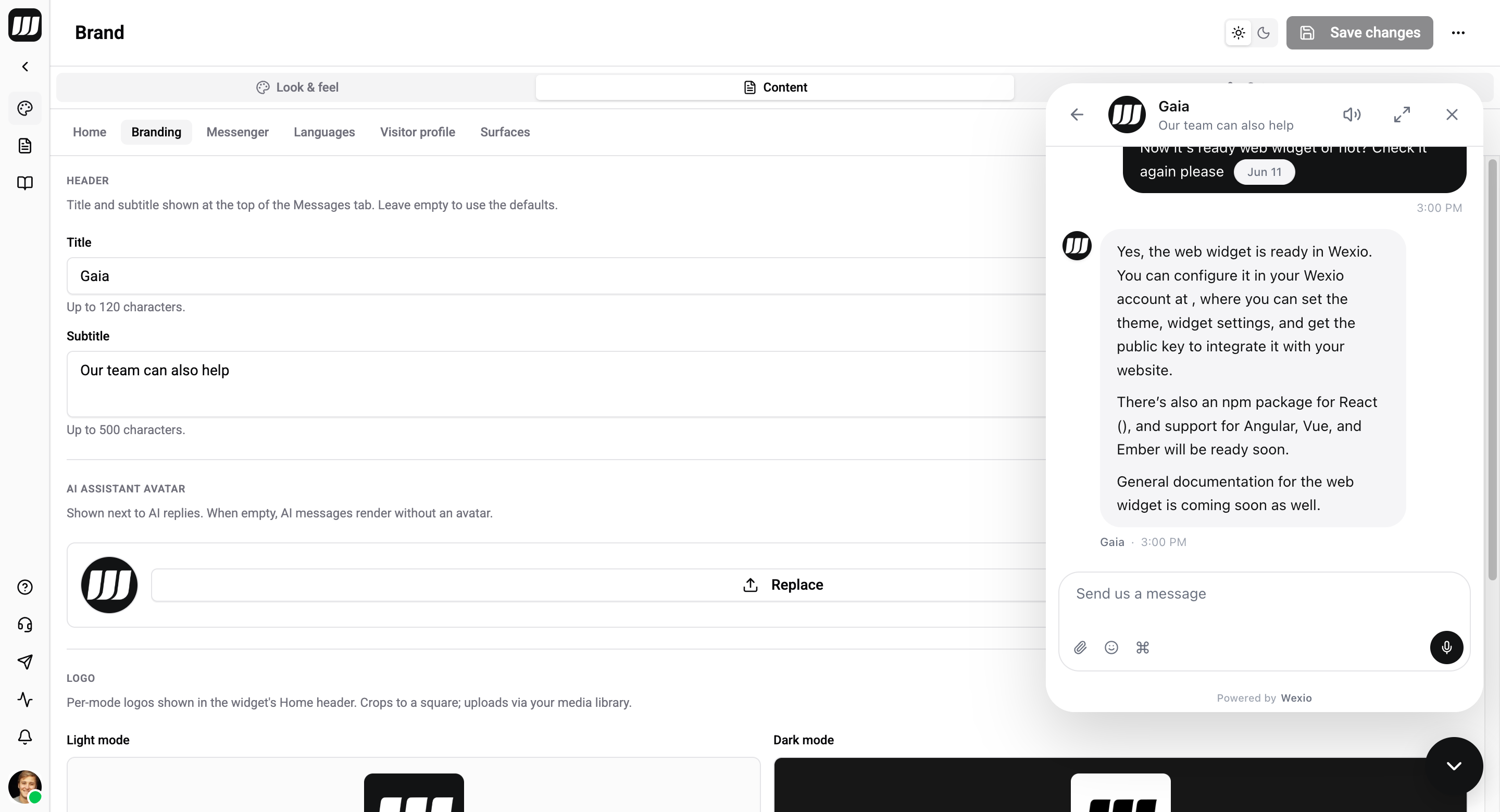 Branding sub-tab — logo uploads, AI and operator avatars, and header copy