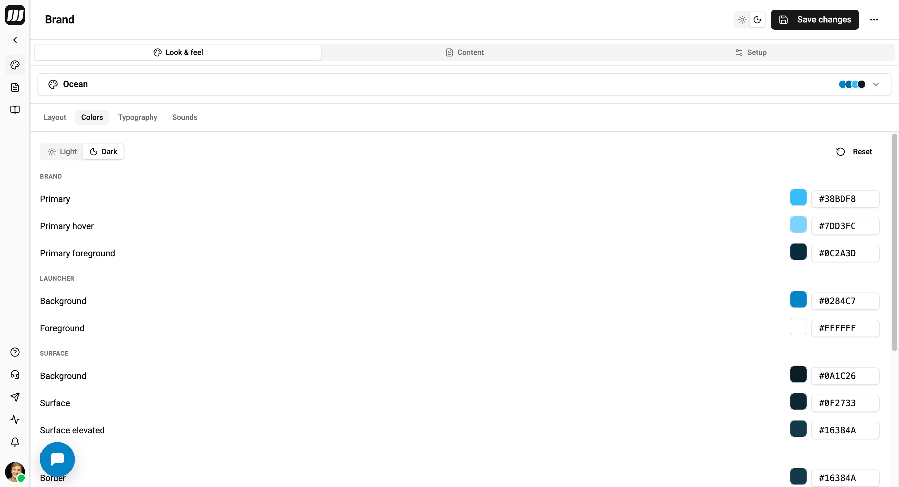 Colors sub-tab showing the 15-token palette and the Light/Dark editing toggle