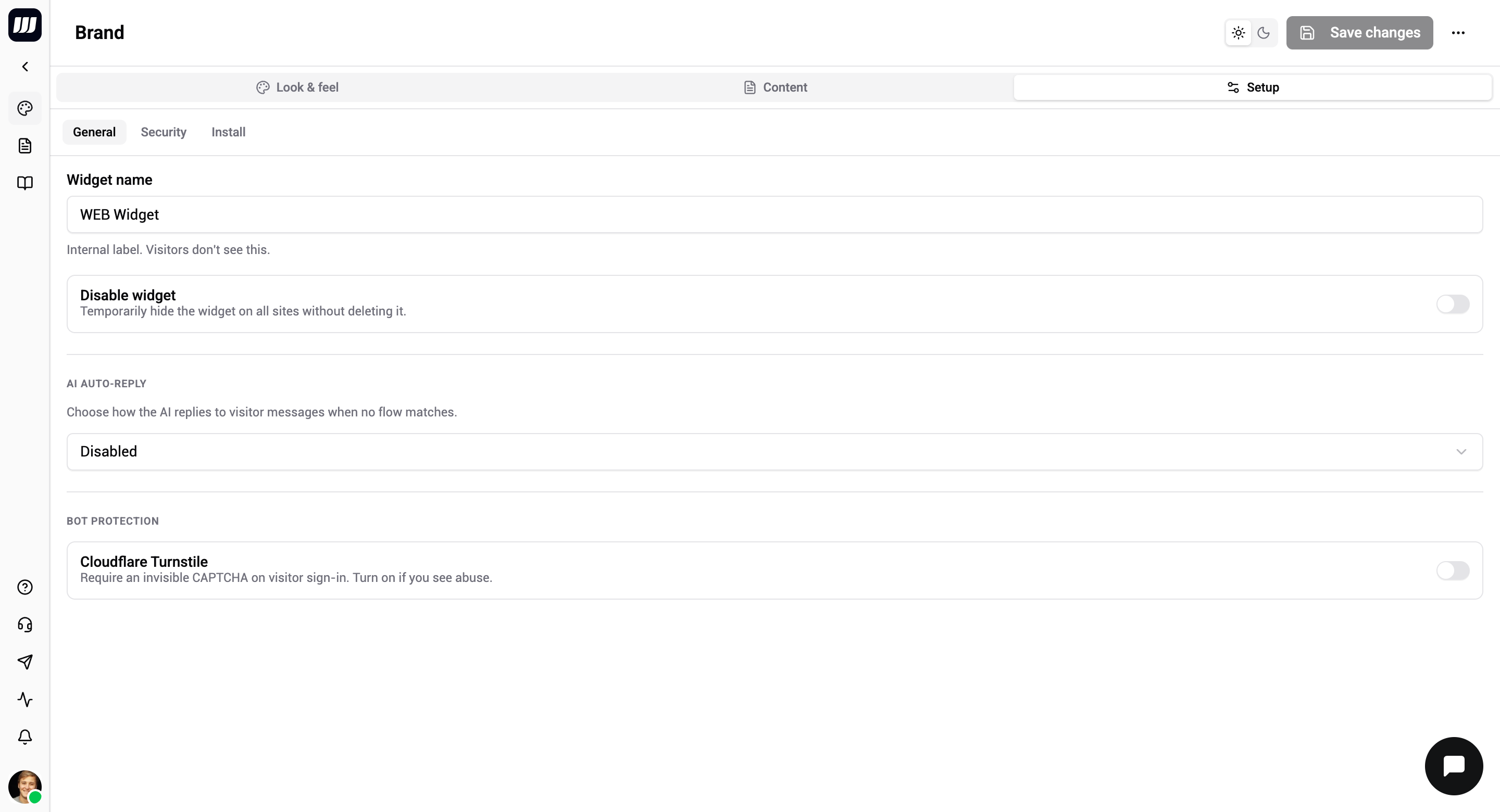 Setup → General sub-tab — widget name, default tab, disable toggle, AI auto-reply, and bot protection