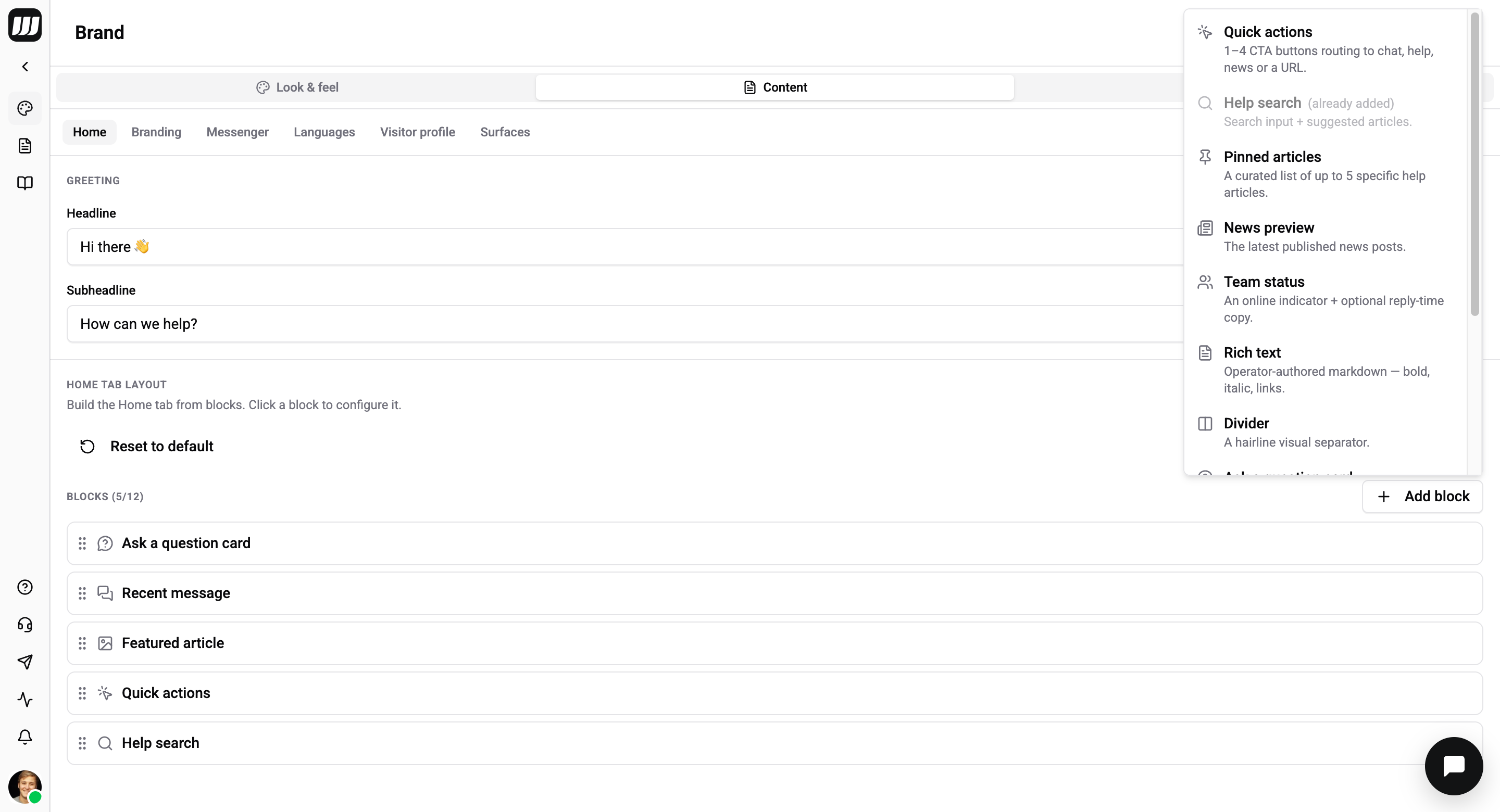Home tab block editor with drag-and-drop blocks and the live preview