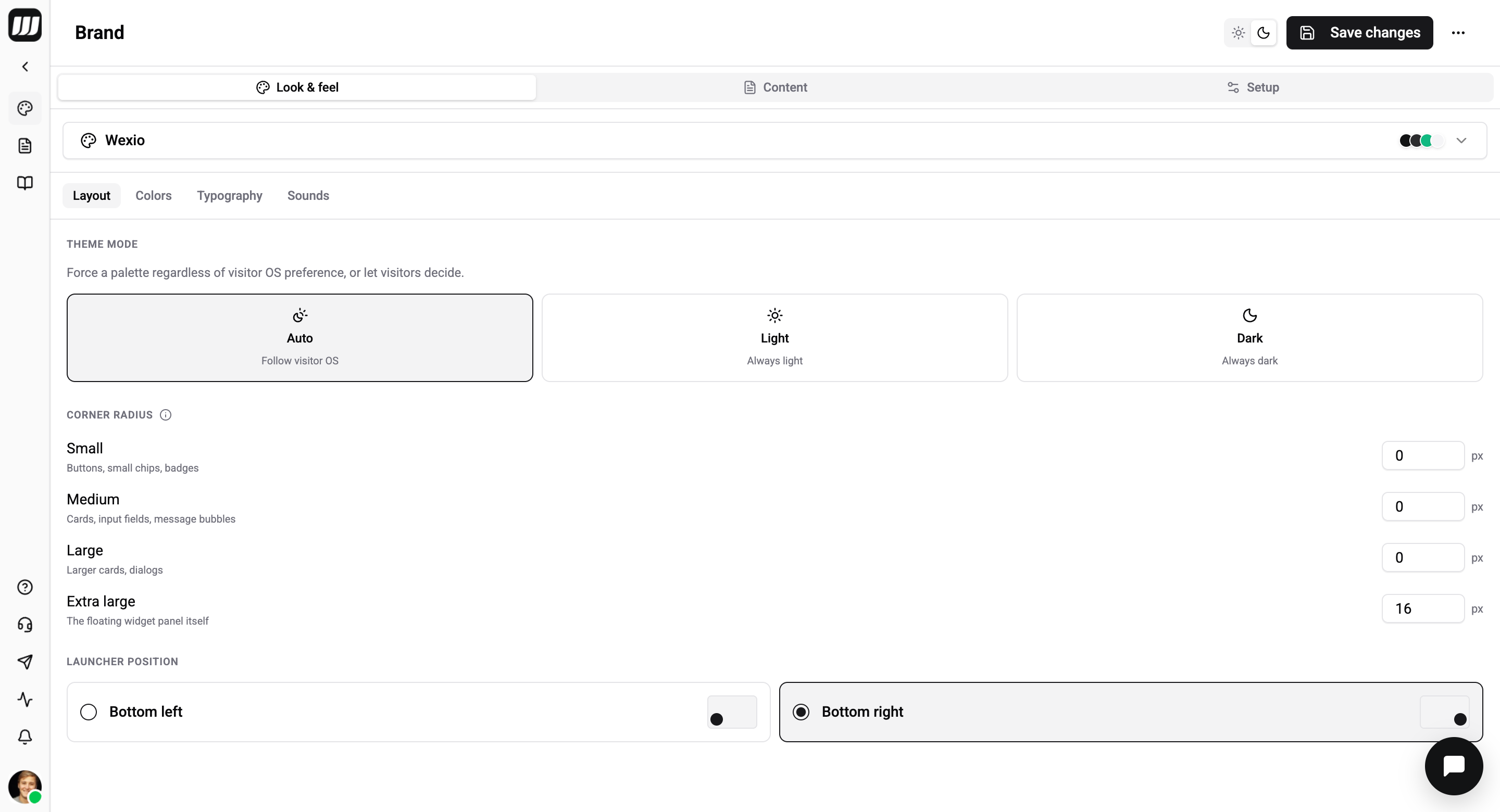 Layout sub-tab — theme mode, corner radii, and launcher position