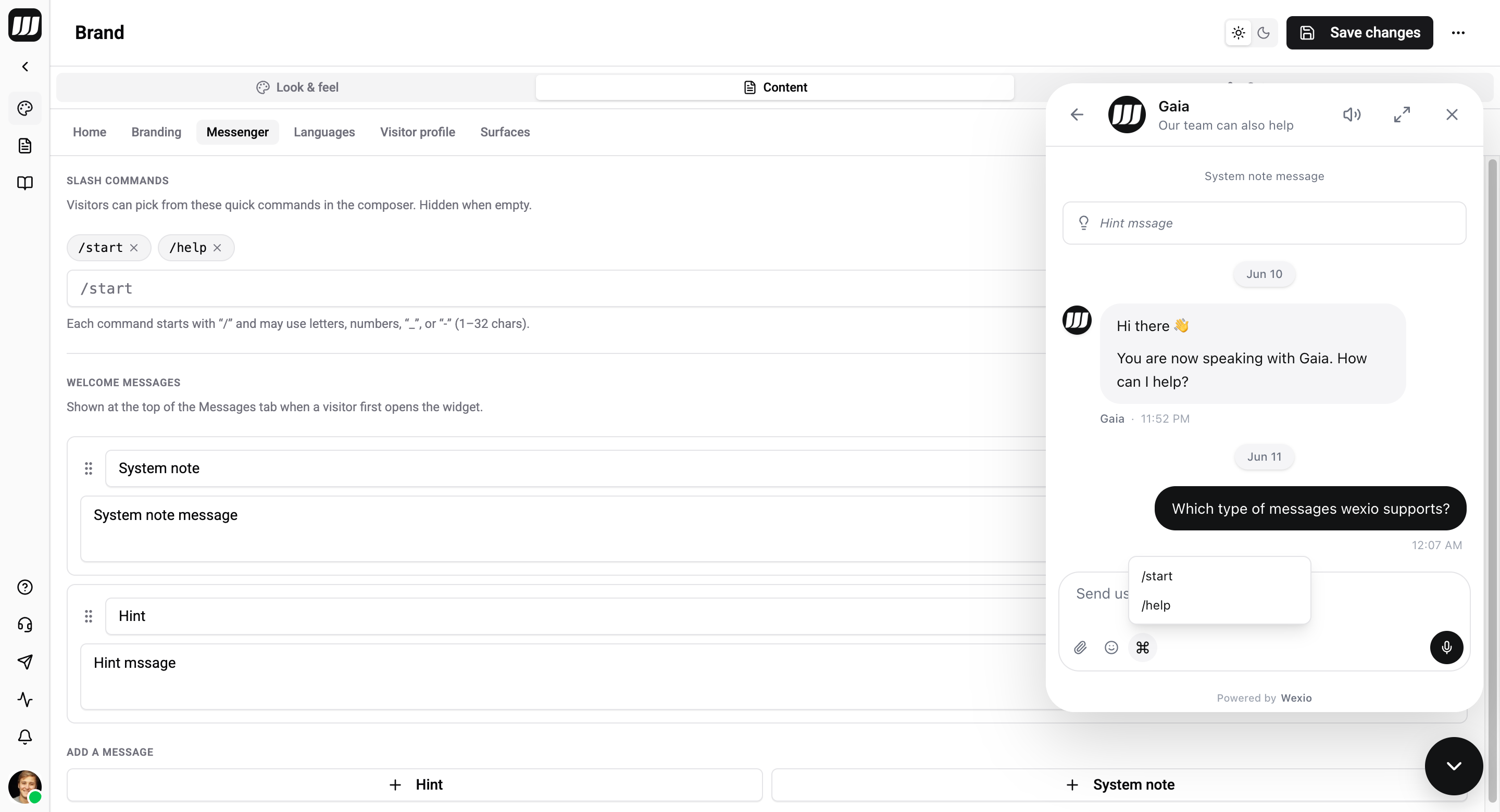 Messenger sub-tab — slash command chips and the Welcome messages builder with Hint / System note buttons
