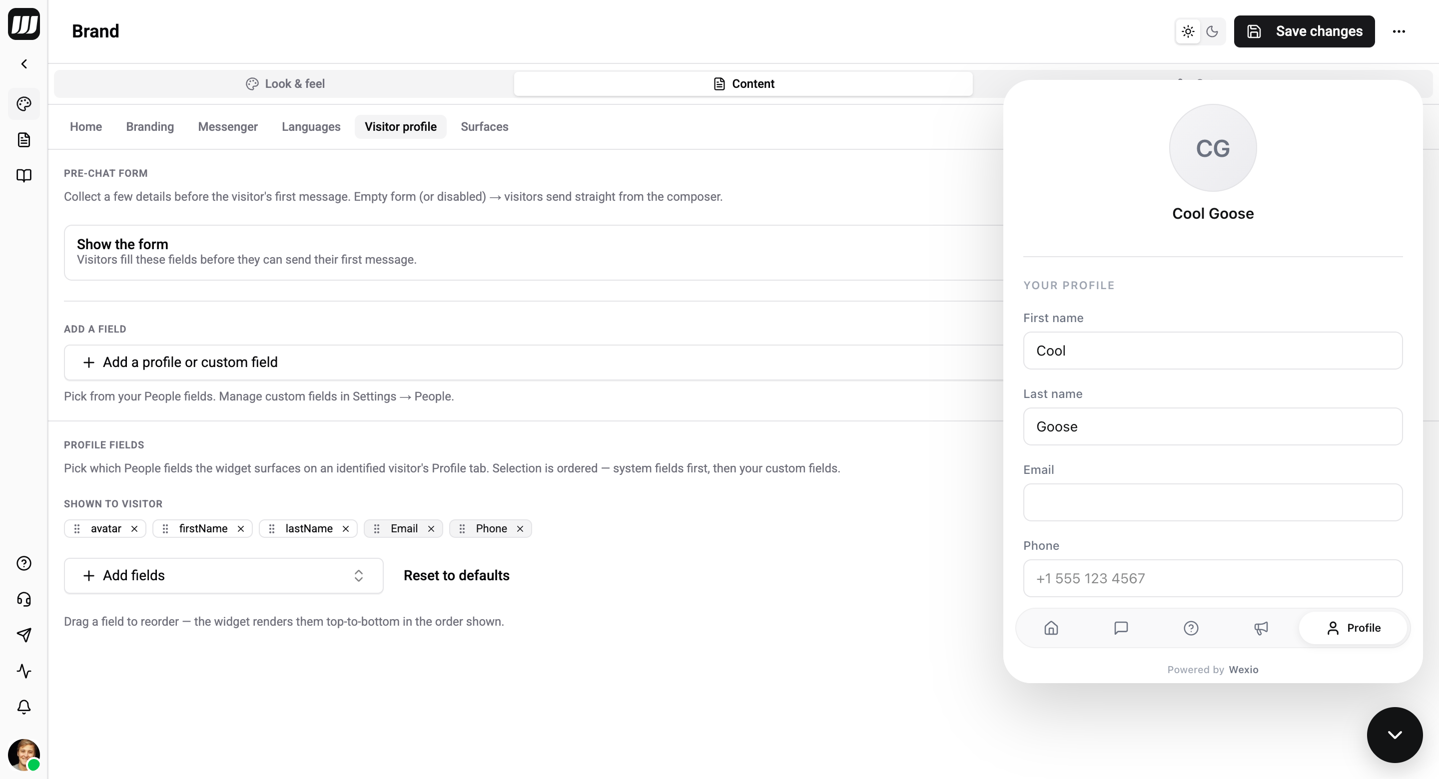 Visitor profile sub-tab — visitor profile fields and the prechat form builder