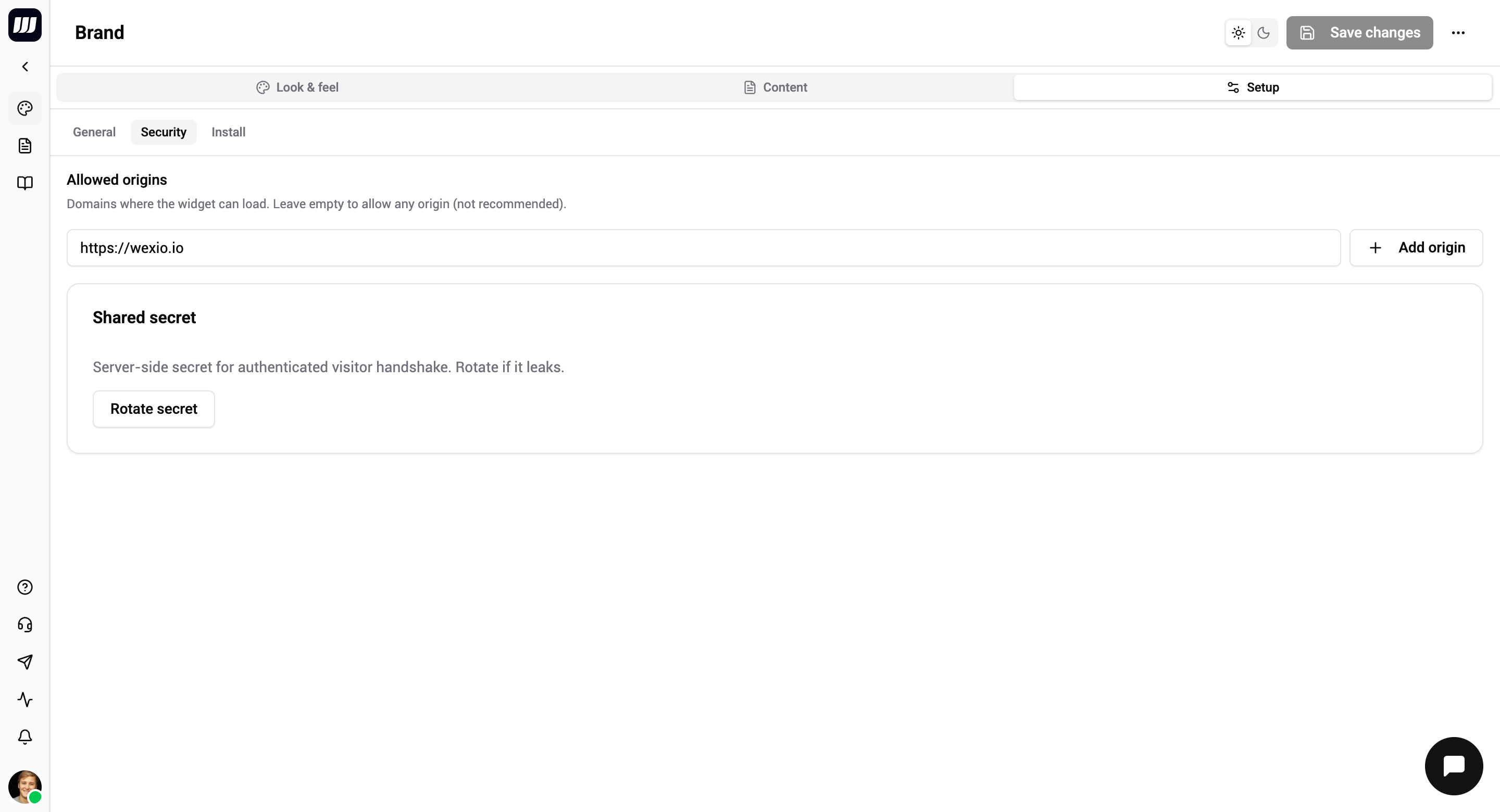 Setup → Security sub-tab — allowed origins list and the shared-secret rotate control