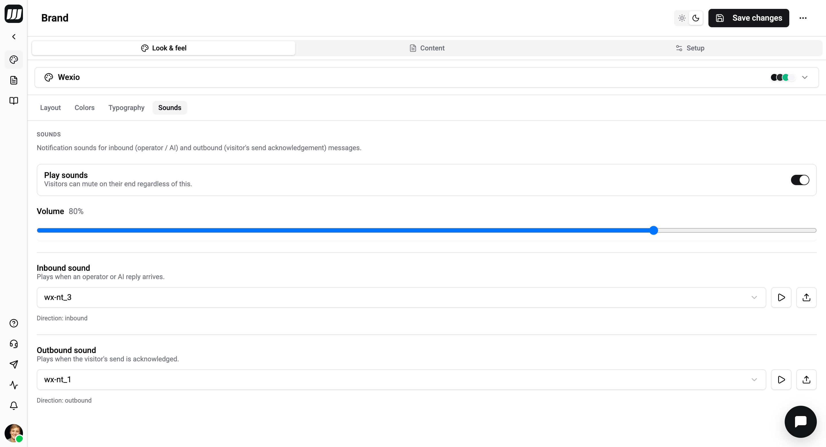 Sounds sub-tab — master toggle, volume, and inbound/outbound sound pickers