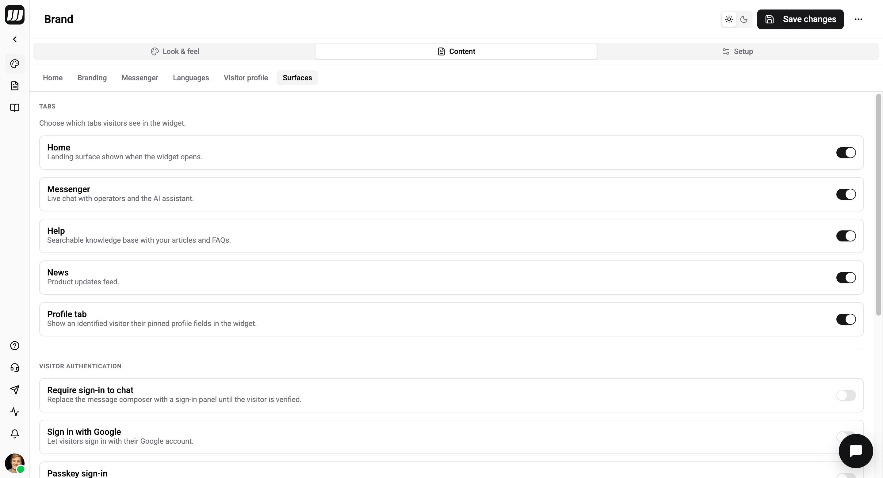 Surfaces sub-tab — tab toggles, visitor authentication, content surfaces, and the branding badge