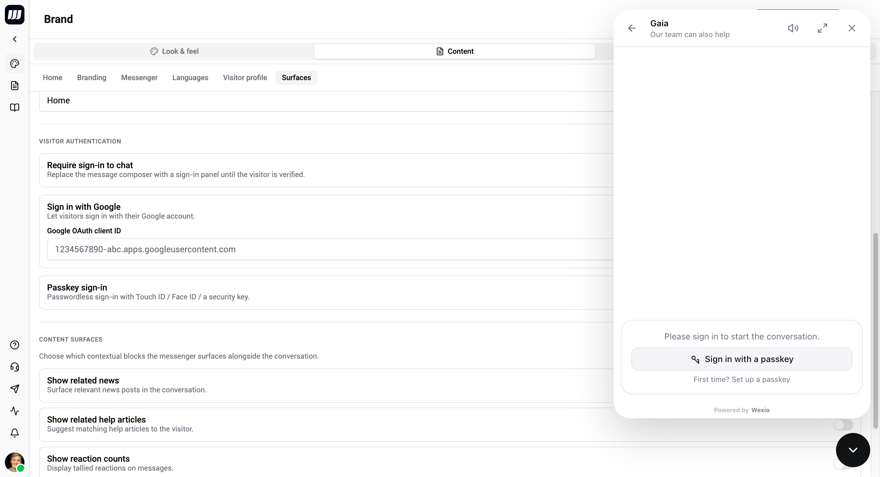 Surfaces → Visitor authentication — Sign in with Google and Passkey sign-in toggles