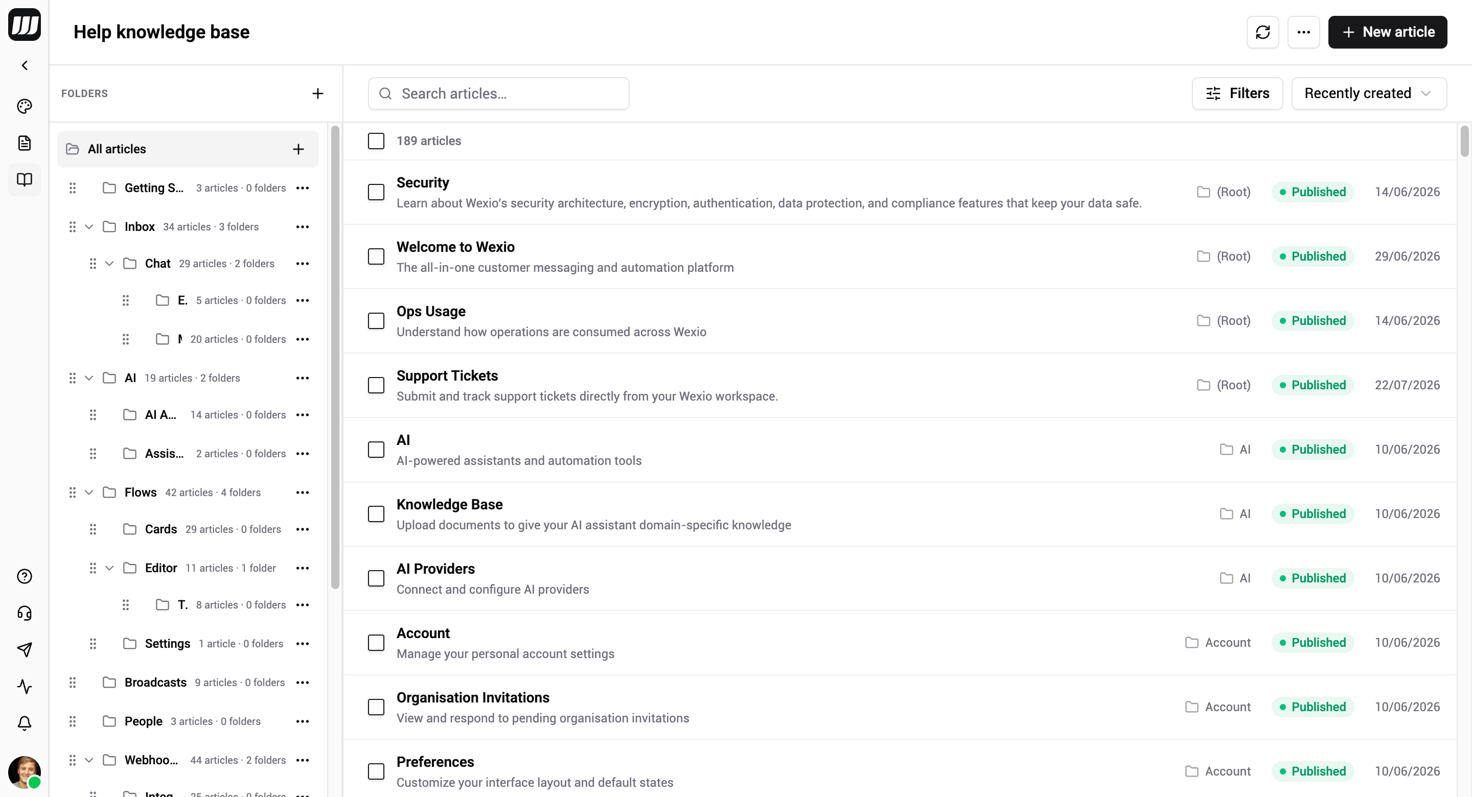 Help center page — article list, folder rail, and filters