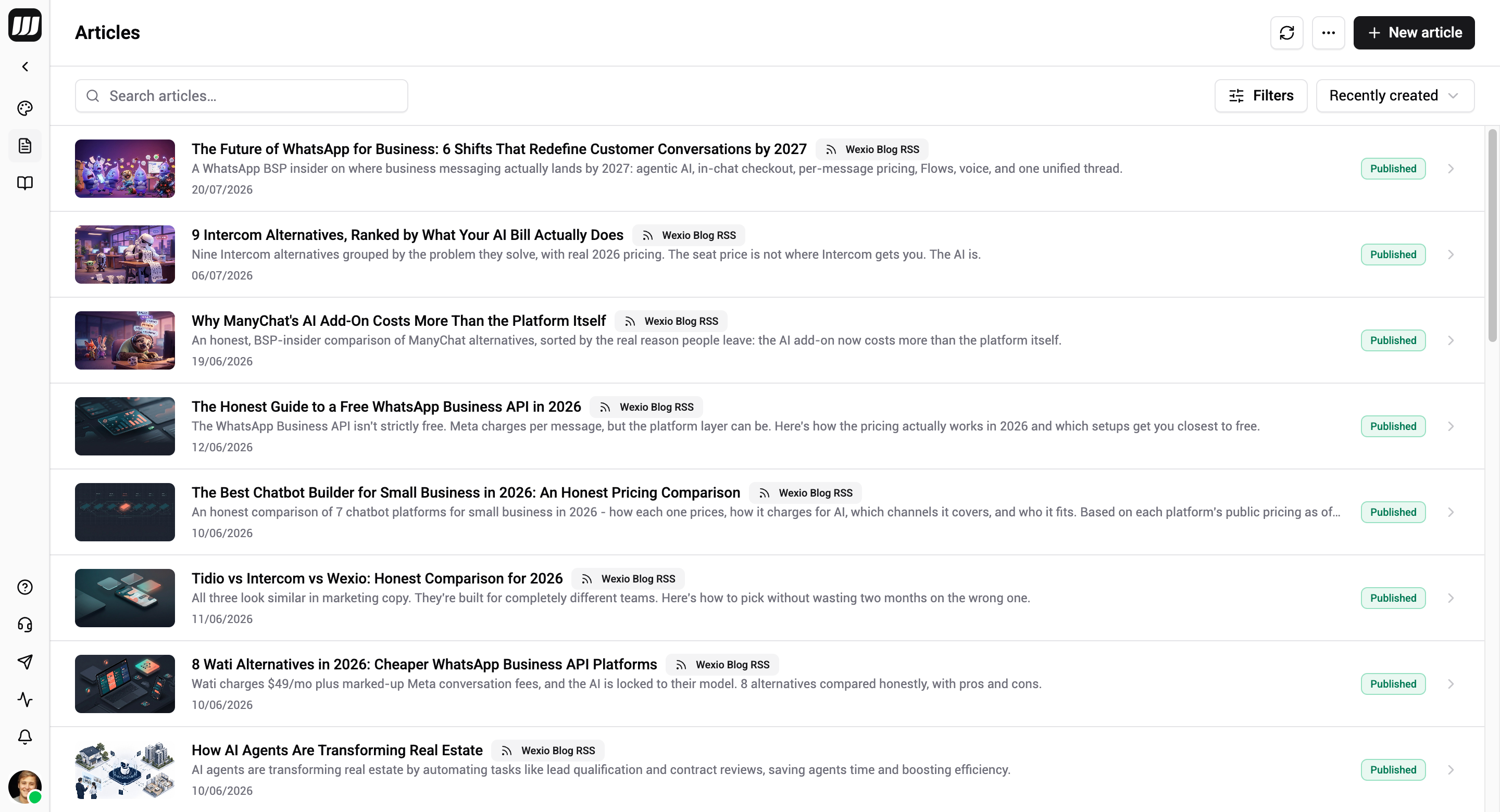 News (Articles) page — post list, taxonomy, and sources