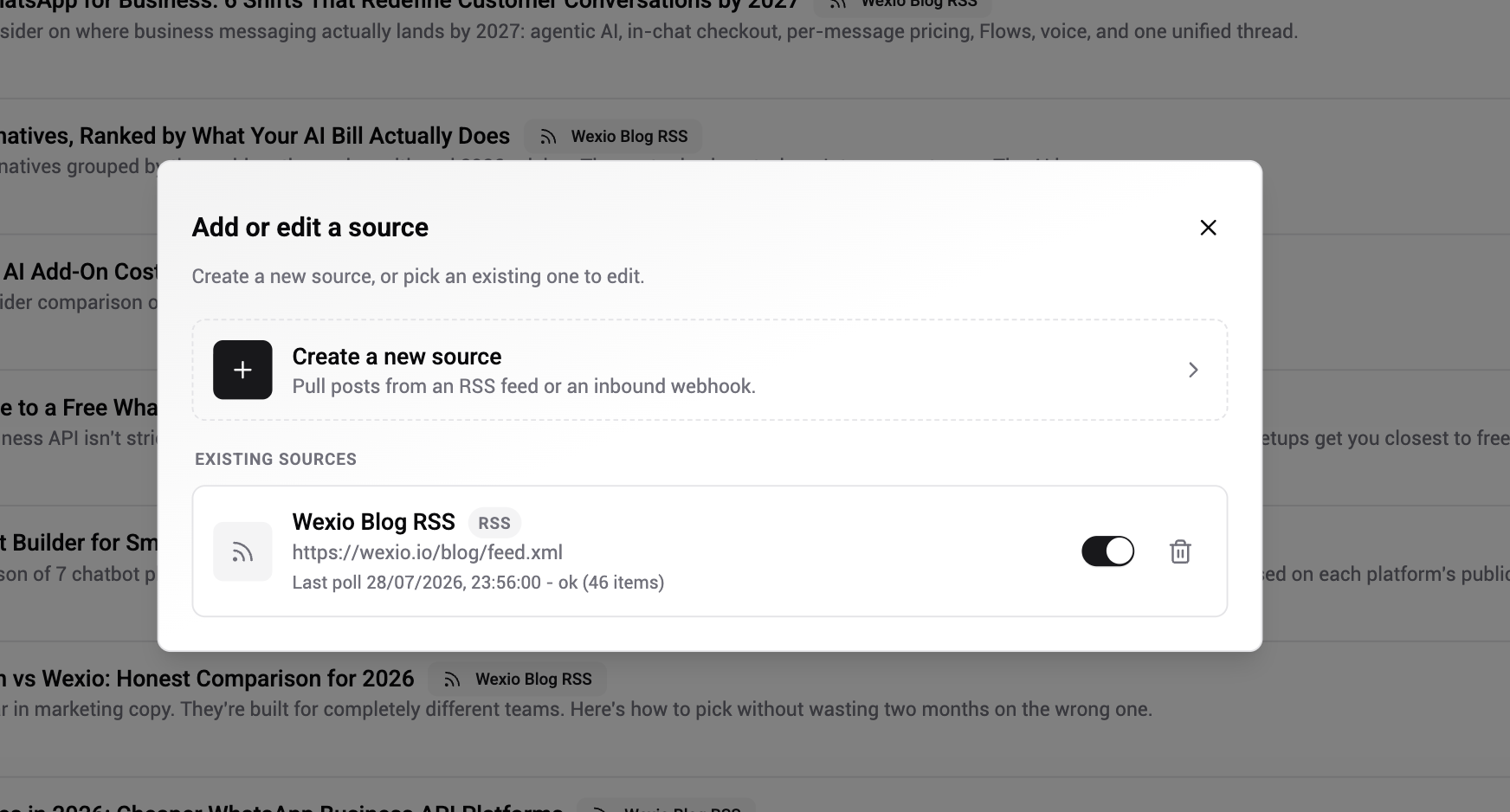 Source wizard — RSS feed URL, poll interval, and the field-mapping preview