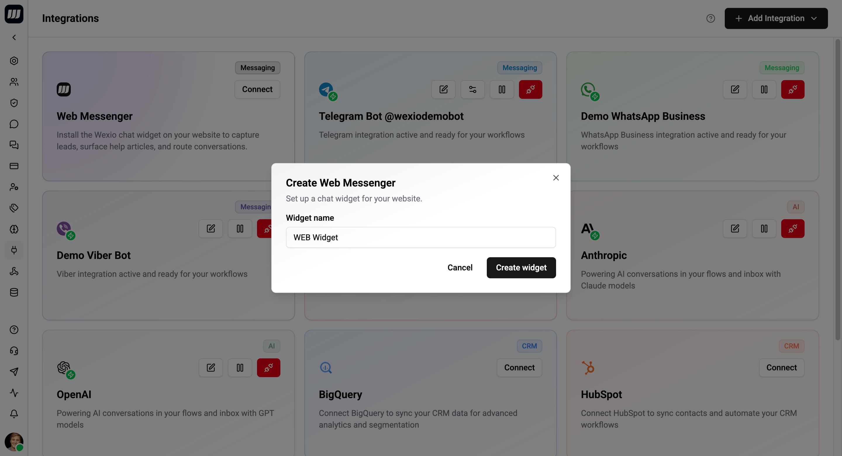 Create Web Messenger modal with the Name field