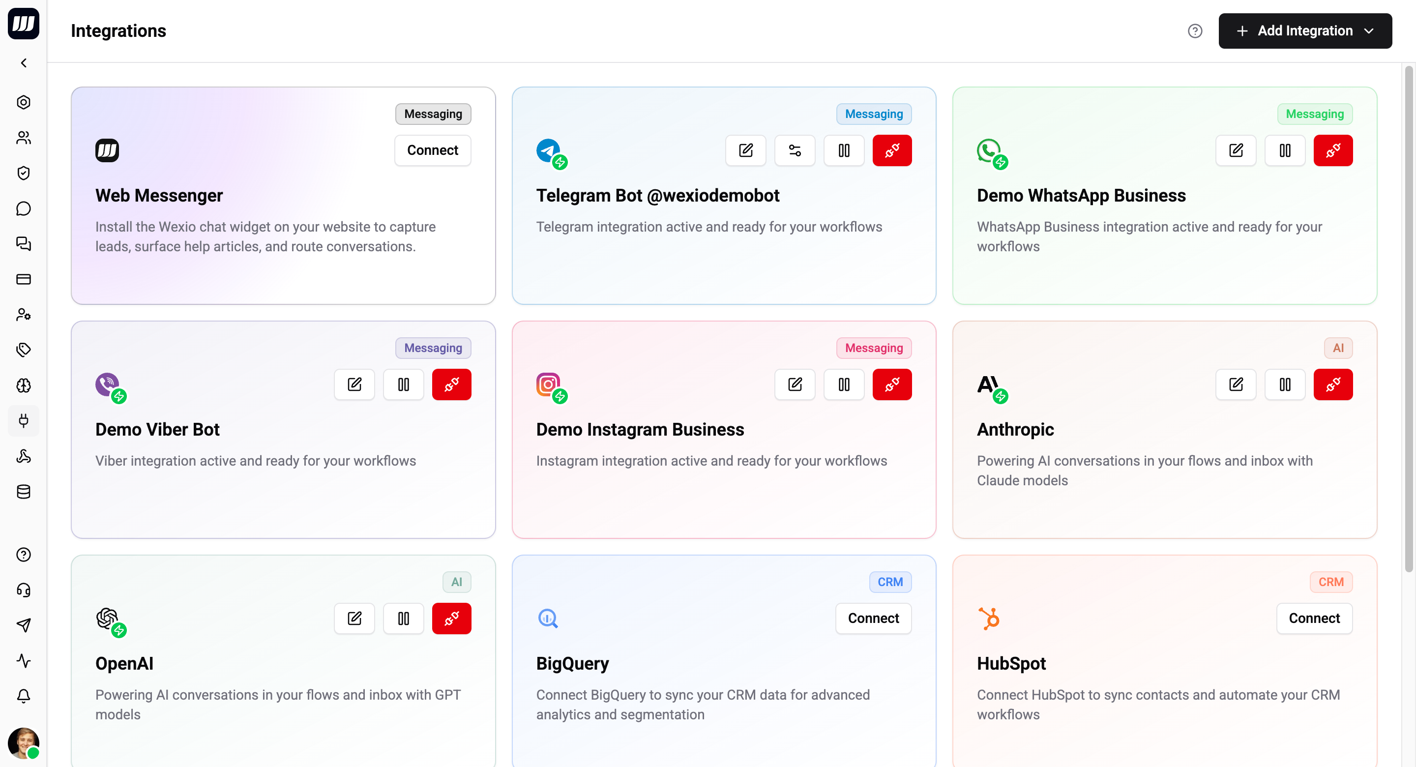 Web Messenger card on the Settings → Integrations page