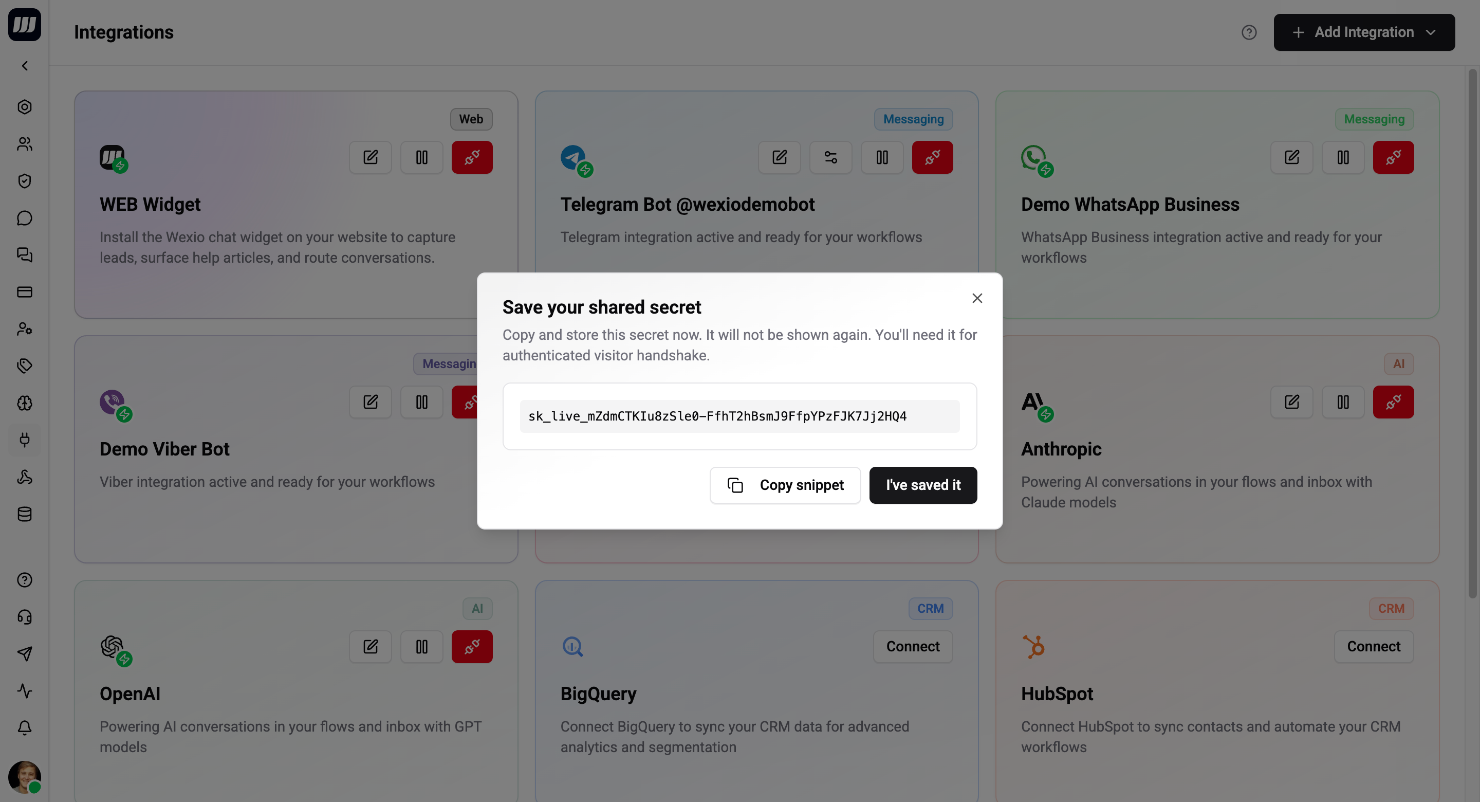 Shared secret reveal step with the Copy button