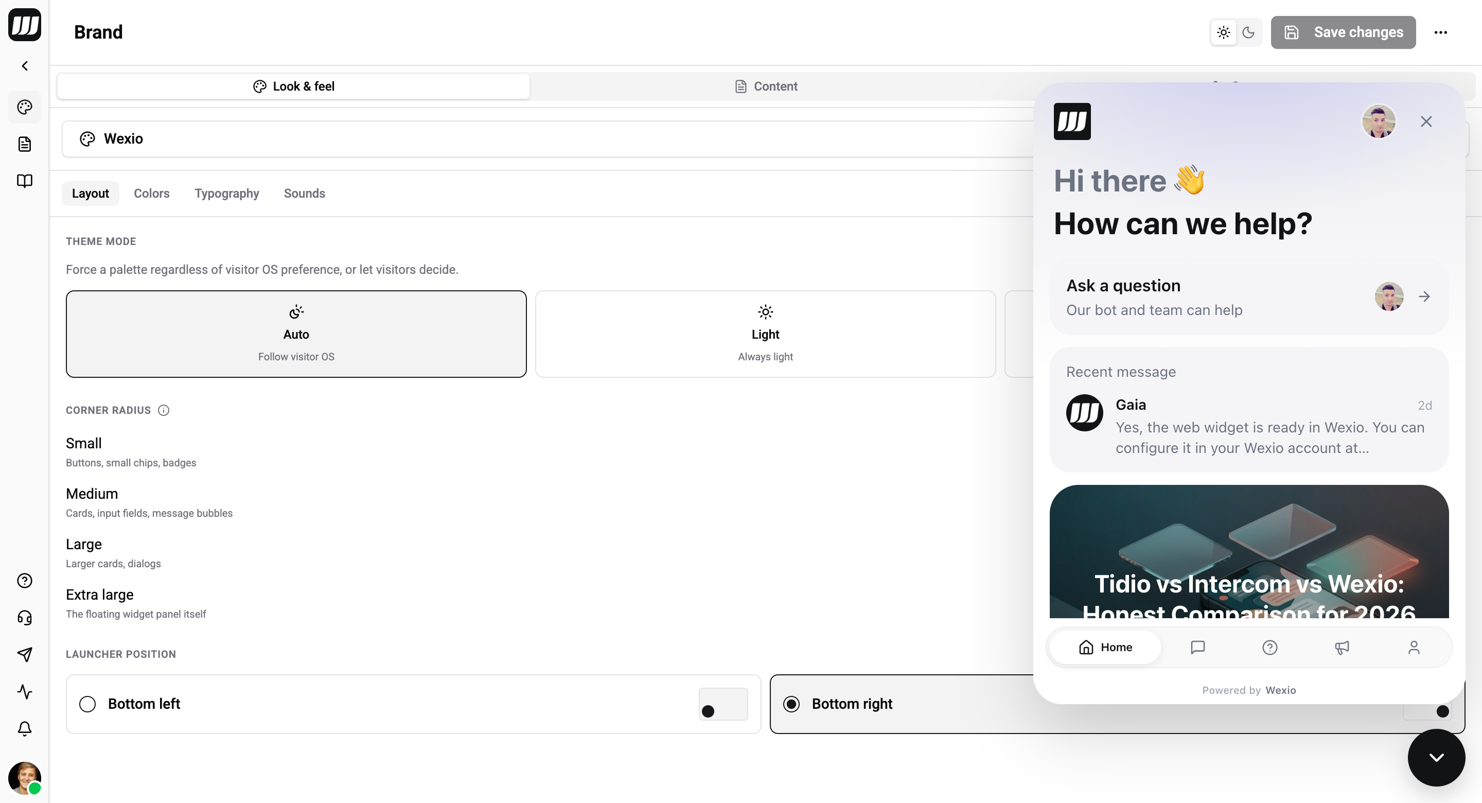 The web widget launcher and open panel on a website