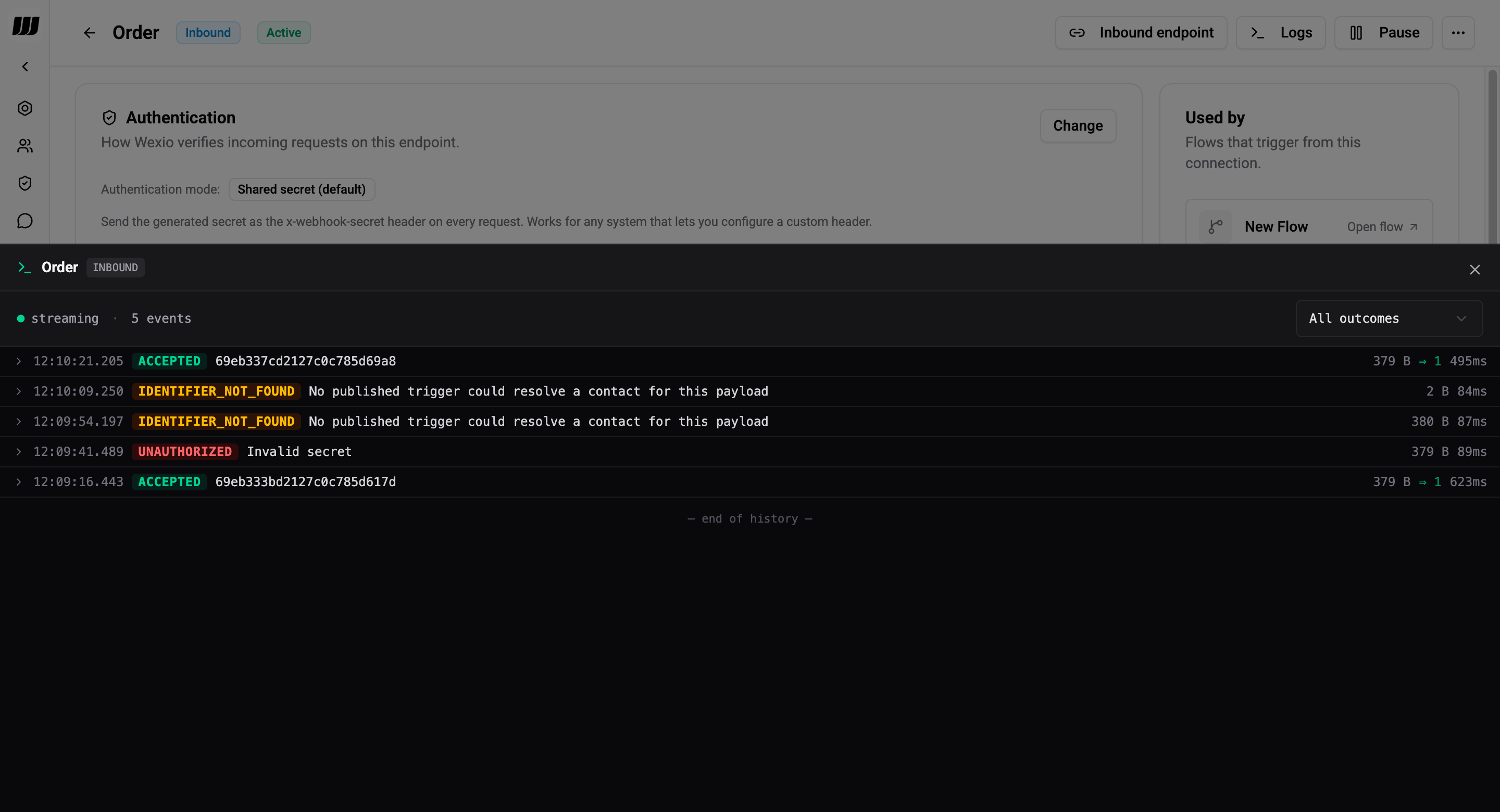 Inbound history rows