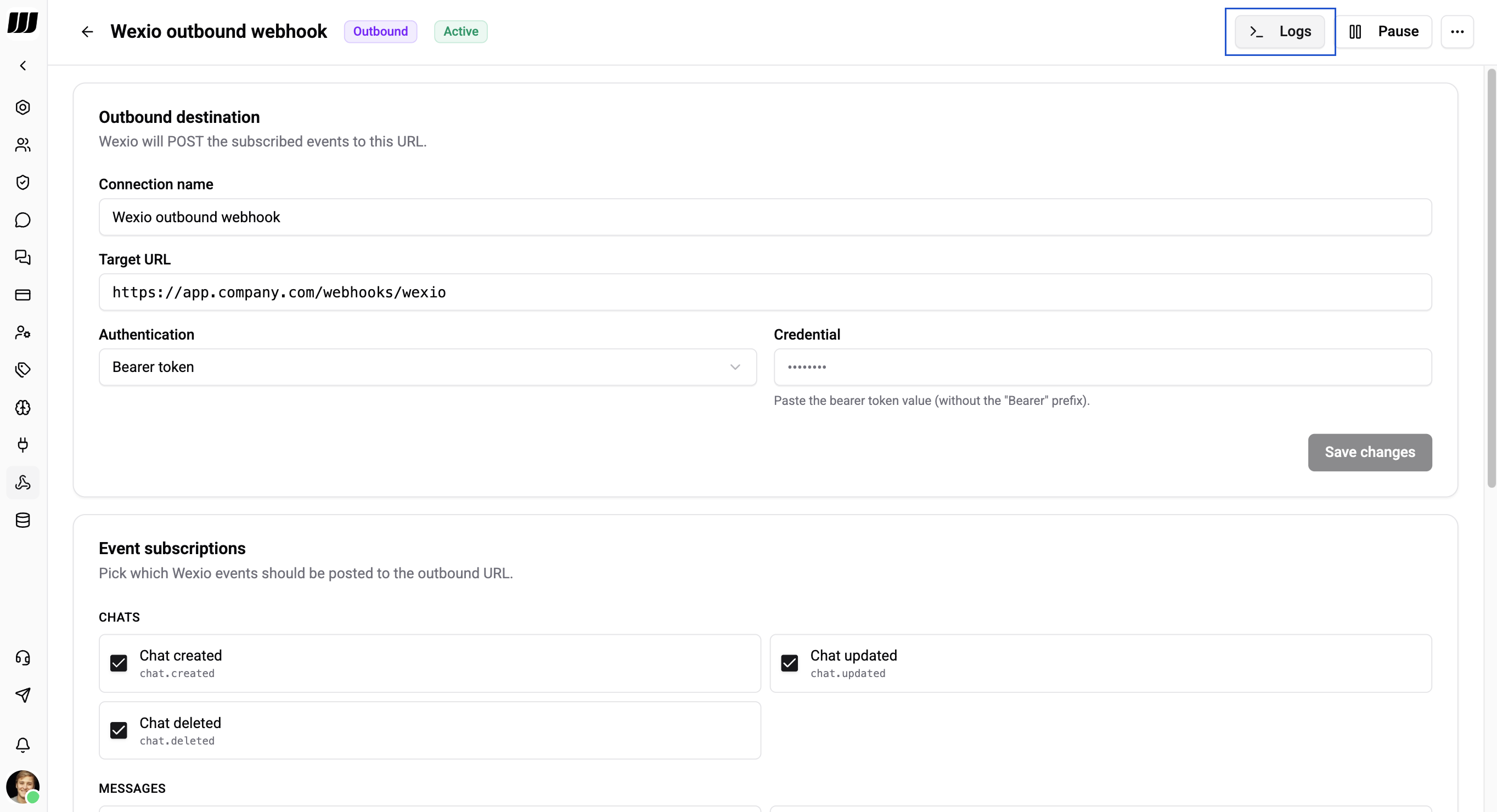 Webhook history panel