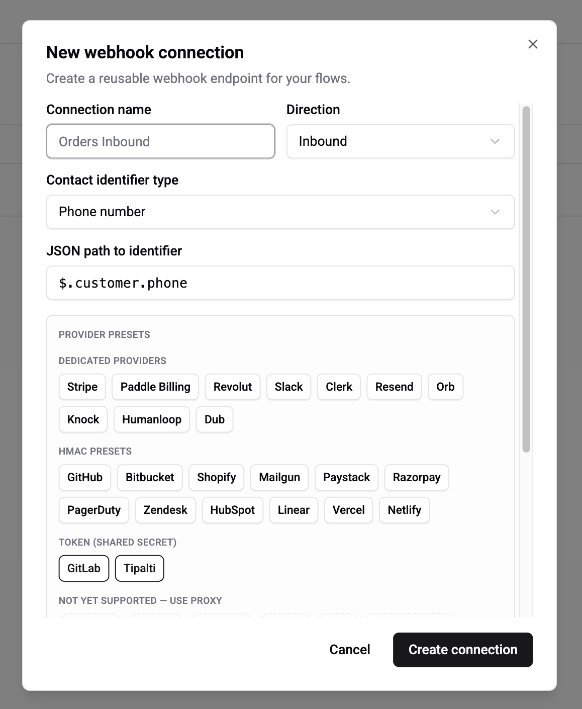 Create inbound connection modal
