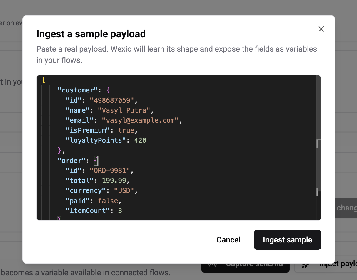 Inject payload dialog