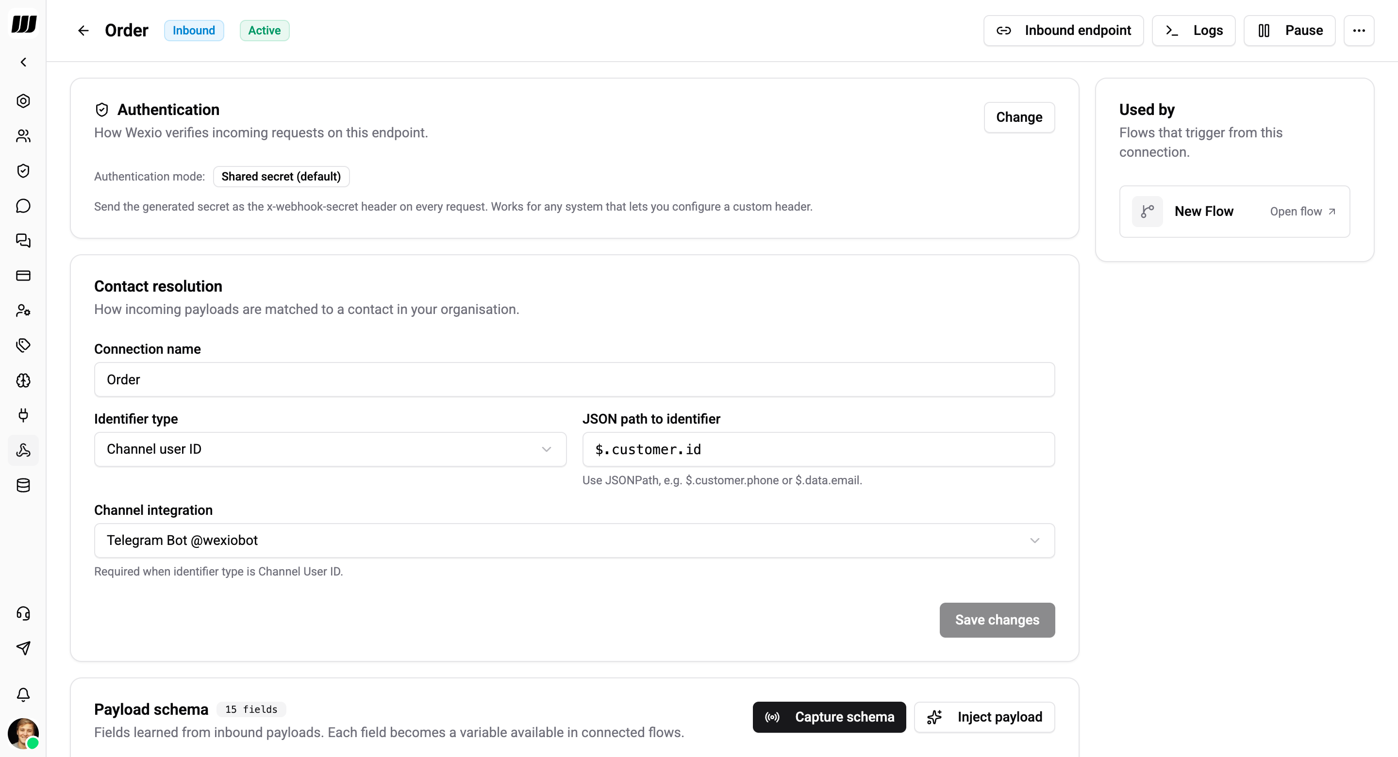 Inbound webhook detail page