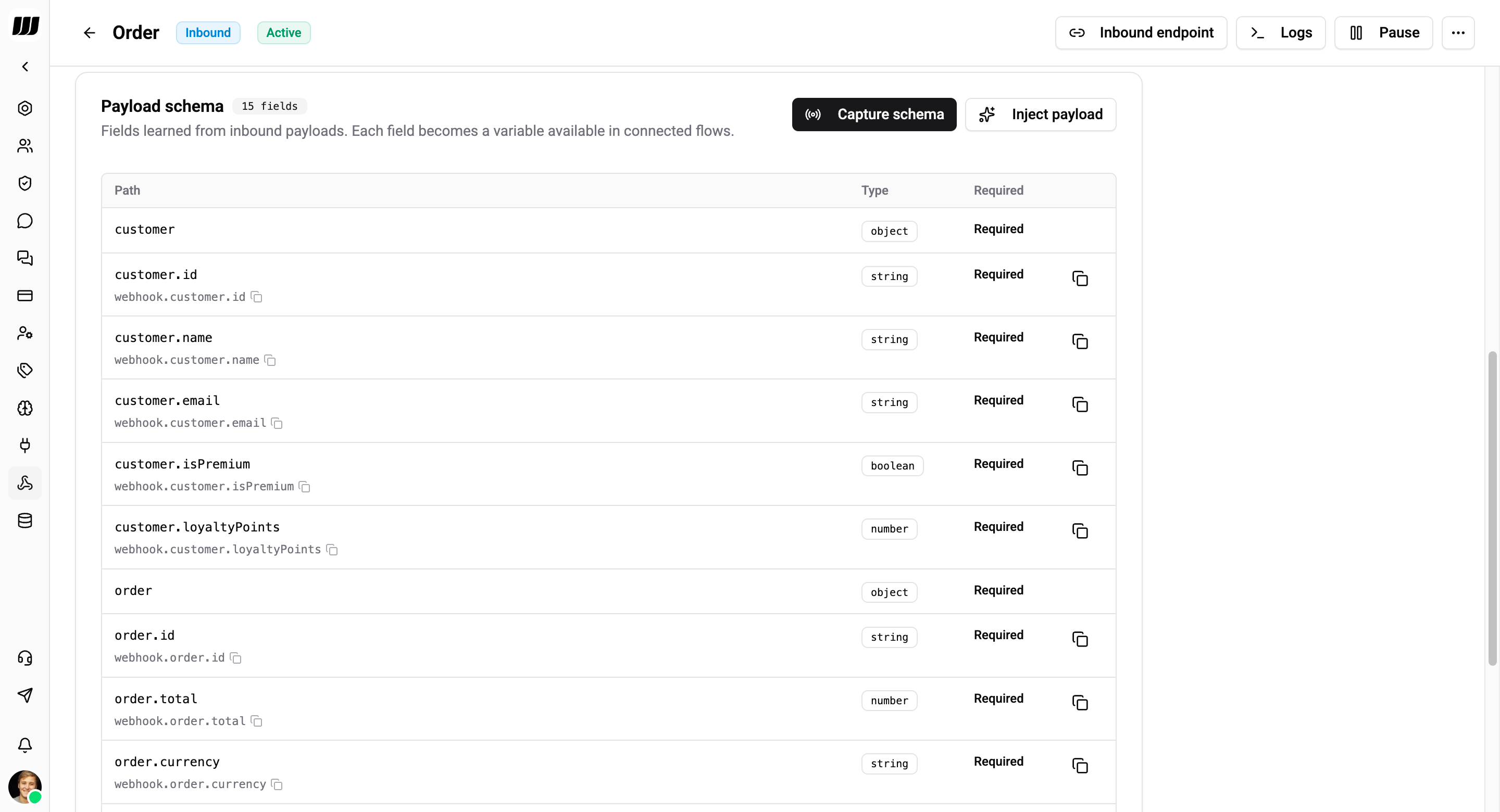 Payload schema with learned fields
