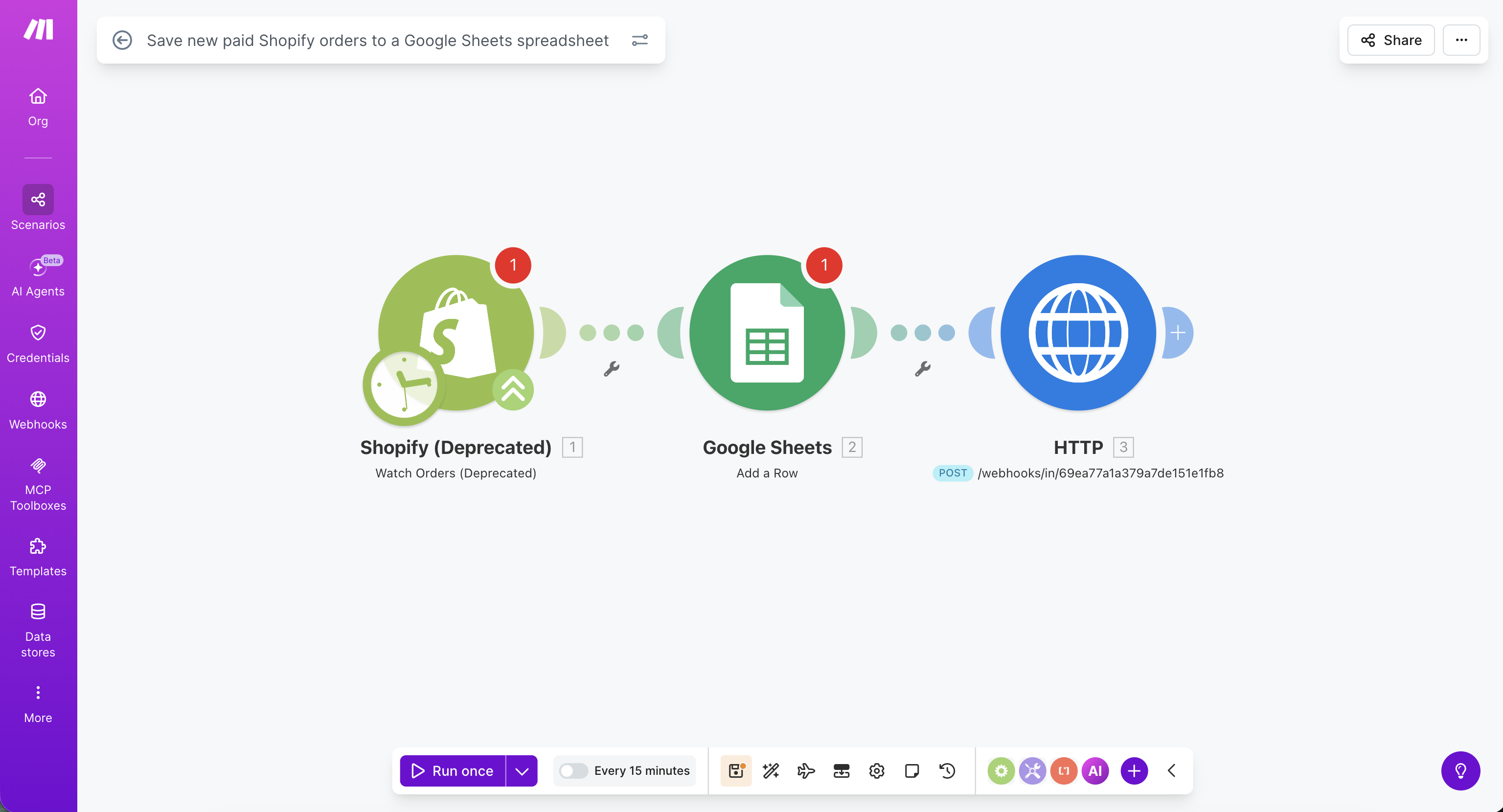Make scenario with HTTP module pointed at Wexio
